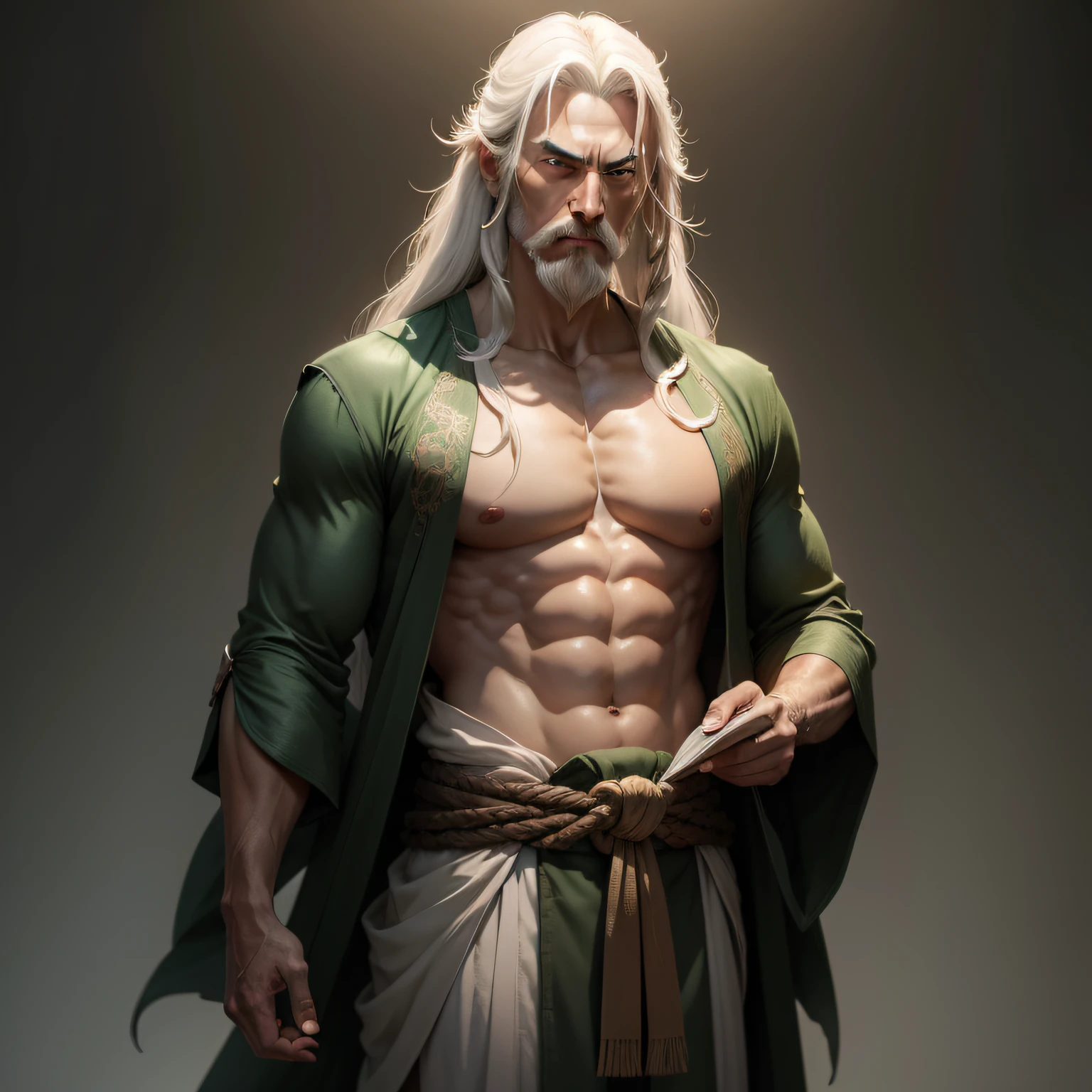 A middle-aged man, approximately 50 years old, dressed in a loose moss green robe stands before us, He has long hair white and a thin , and his serene expression reveals wisdom, This character design is reminiscent of Chinese martial arts heroes in Japanese anime, with finely craftedaracter design and a mature artistic style, ((character concept art)), full body character drawing, r his shirt was open to reveal his abdomen and chest