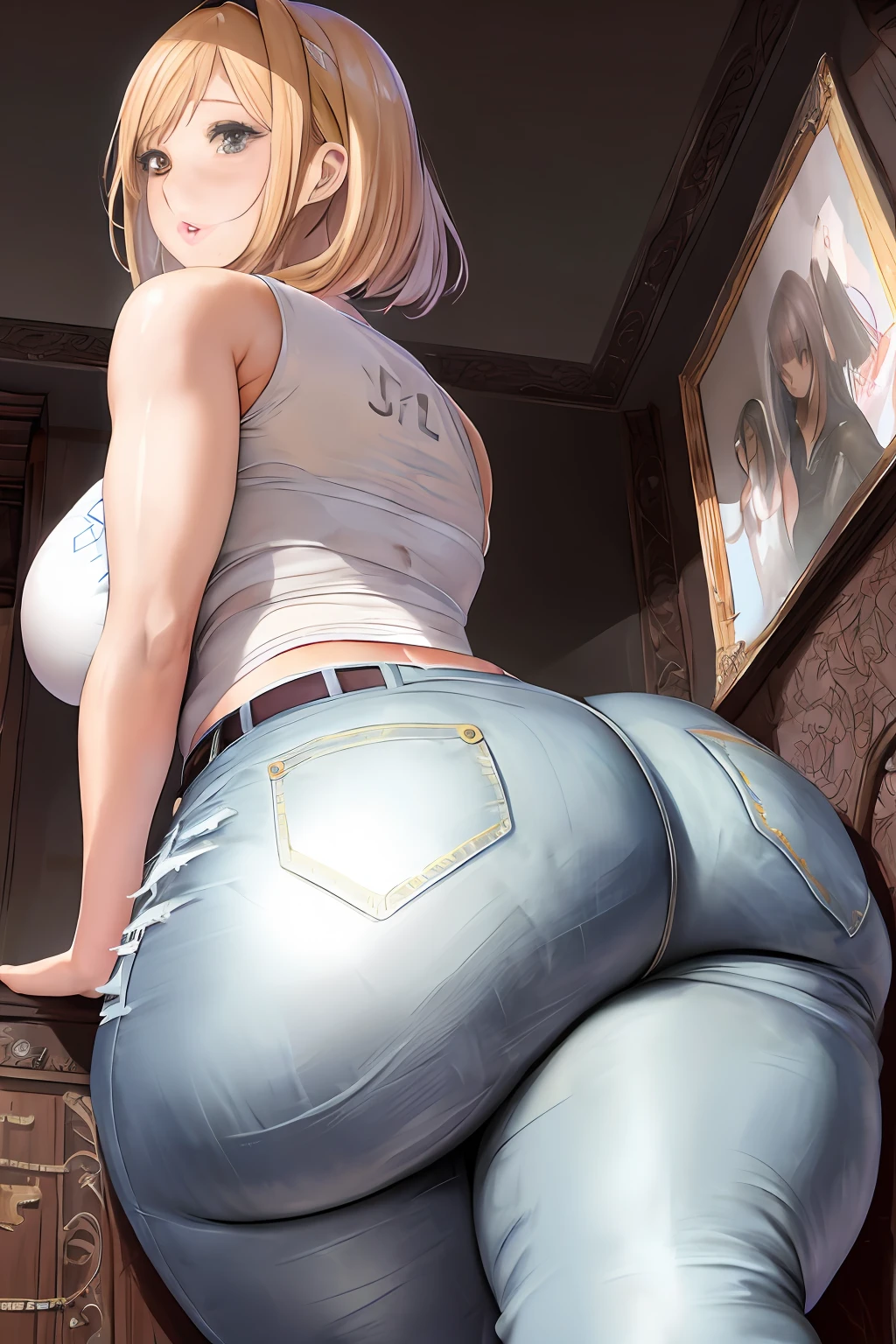 Anime girl with big ass shows off jeans and tight pants, Chic, realistic shaded perfect body, hyperrealistic full figure, Photorealistic perfect body, cutesexyrobutts, Insanely inflated hips, [ 4 k photorealism ]!!, Smooth Anime CG Art, small curvy loli, hyper detailed photorealistic, [ 4 k photorealism ]!!!