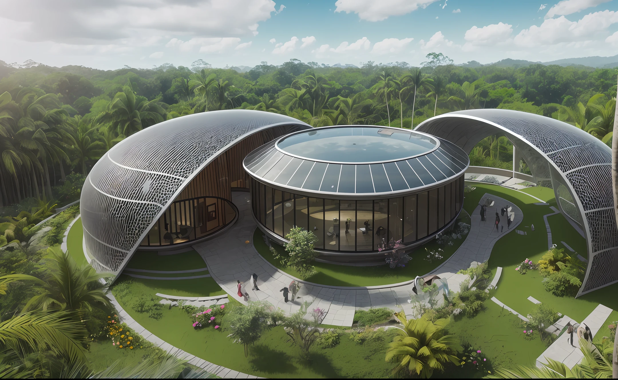 Photography of a futuristic structure inspired by complex biology, its transparent and lightweight materials allowing for a seamless integration with the natural environment. The structure is surrounded by lush vegetation and a tranquil waterfall, creating a serene and rejuvenating atmosphere. Shot with a drone from an aerial perspective, this image captures the structure's organic curves and its reflection on the calm surface of a nearby lake. The futuristic design, guided by the principles of biomimicry, showcases the endless possibilities of merging biology and architecture. --auto --s2
