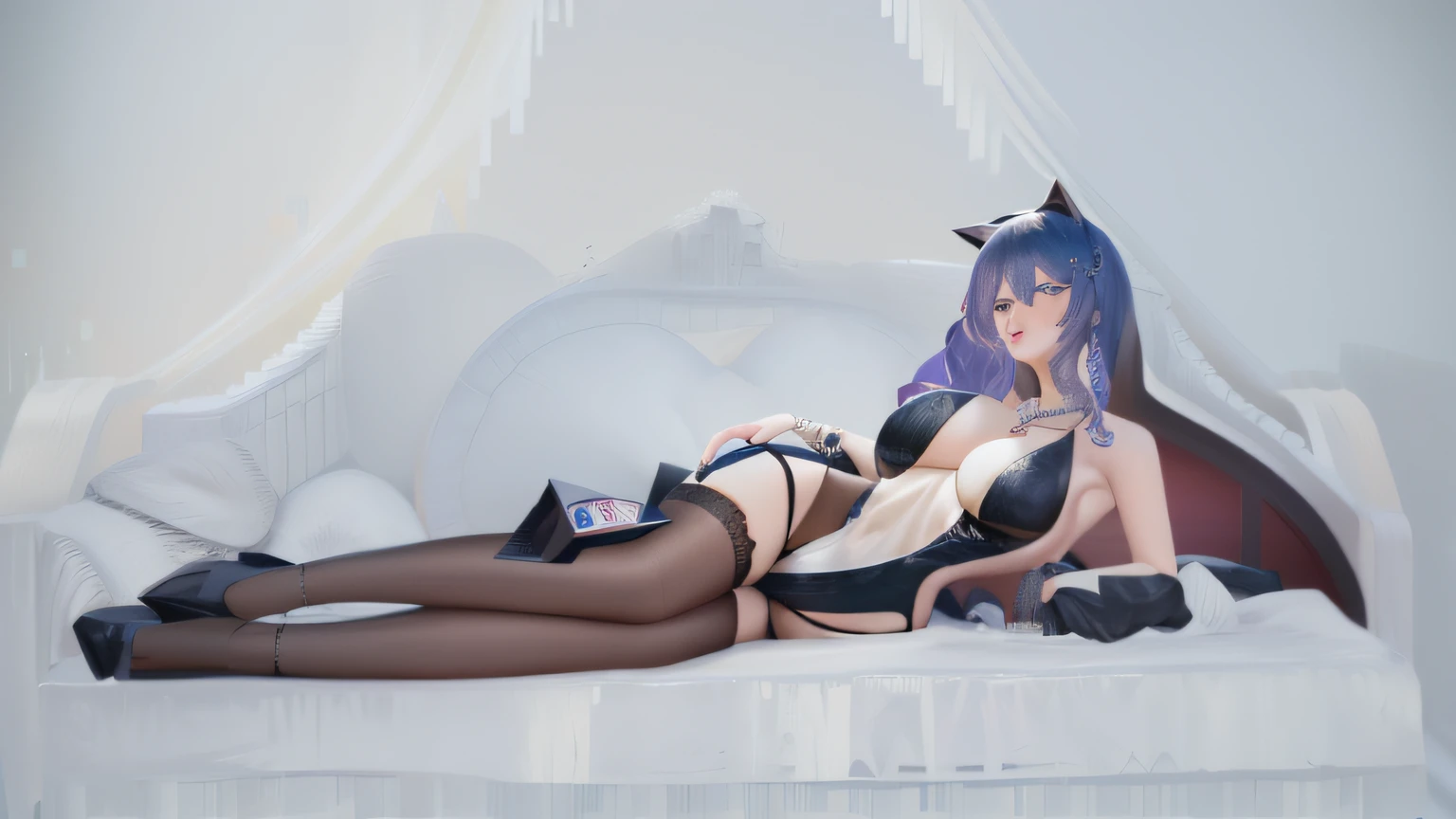 Alakfi lay on the bed in black underwear and stockings, full-body xianxia, Anime girl cosplay, 2 b, 2b, sakimichan, Attractive cat girl, Japanese goddess, Sexy girl, cosplay, leather bunny costume bodysuit, seductive anime girls, jinyiwei, cruel korean goth girl, Wearing sexy lingerie, Sexy pose