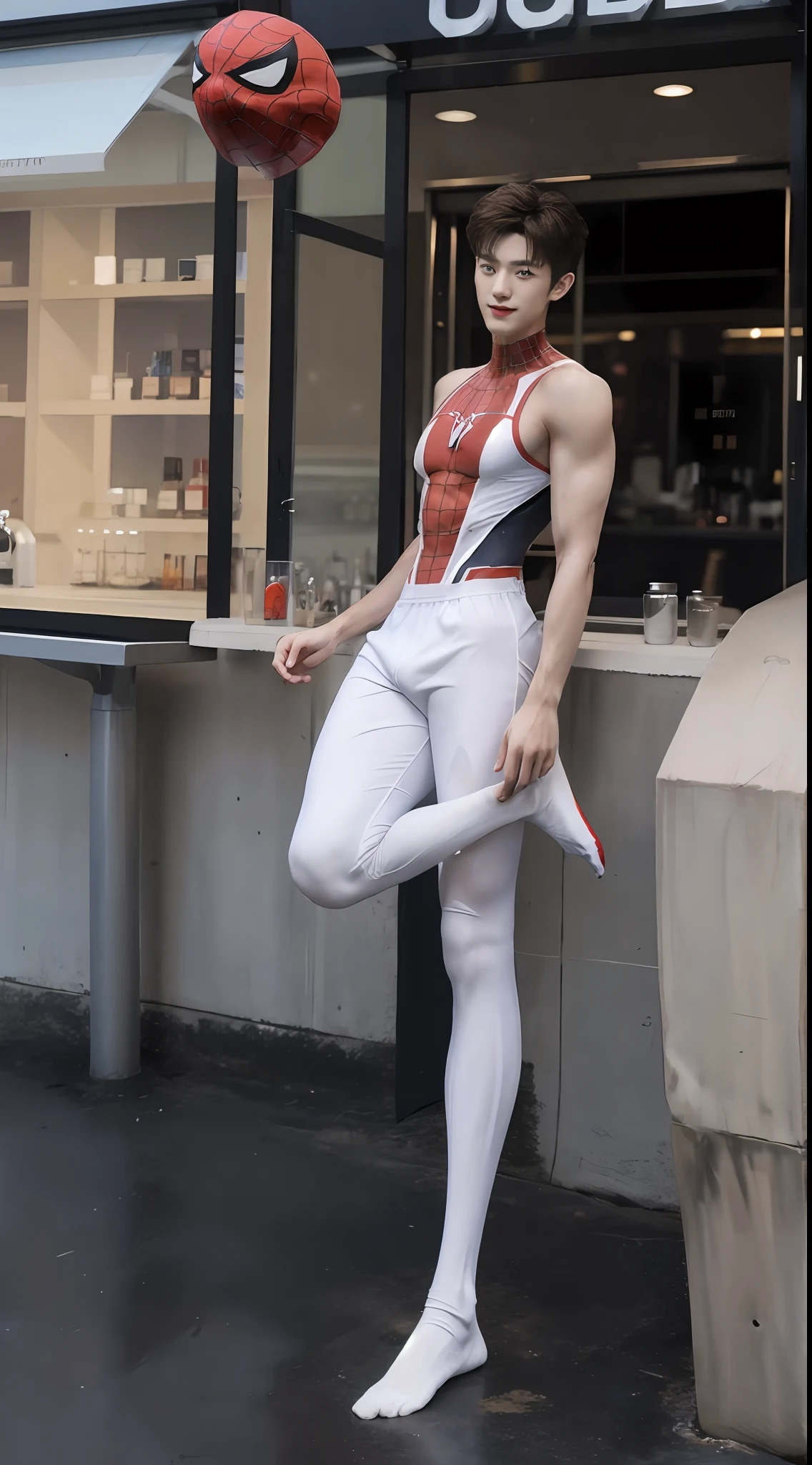 (A lovely Shota:3),(Colored screen:1.2),Solo,(full bodyesbian:3),(Stay away from the lens:3),(Expose your legs and feet:3),(revealing the whole body:5),(Heads-up view:1.2),malefocus,looking at viewert,16 yaers old,(Tall:3),(Tall guy:2),Super tall,(Height 300 cm:2),Excellent body proportions,(The shoulders are 5 times wider:1.2),(Slender slender legs:2.5),Slender feet,Normal extremities,Small head,musculous,(Lovely and pretty:3),(The face of an anime man),(Very detailed beautiful face and eyes:2),(Big bright eyes:1.2),Sharp eyeliner,short detailed hair,(Correct facial features),(tilts your head:1.5),(having fun,grinning smile),(Red Spider-Man suit:2),white legwear,(Muscle firming:2),Strong,Super strong,(Developed biceps),(Wide shoulders and narrow waist:2.2),Sports men's socks,Detailed muscle texture,Highlights muscle structure,Have on the street,(standing straight:4),(full length shoot),Full leg view,ultra-realistic realism, (Photorealistic detail), Incredible accuracy, lifelike textures, masterful technique, Jaw-dropping precision, artistic dedication,(anatomy correct),movie level lighting,exquisite detailing,Best quality,stunning masterpiece,CG