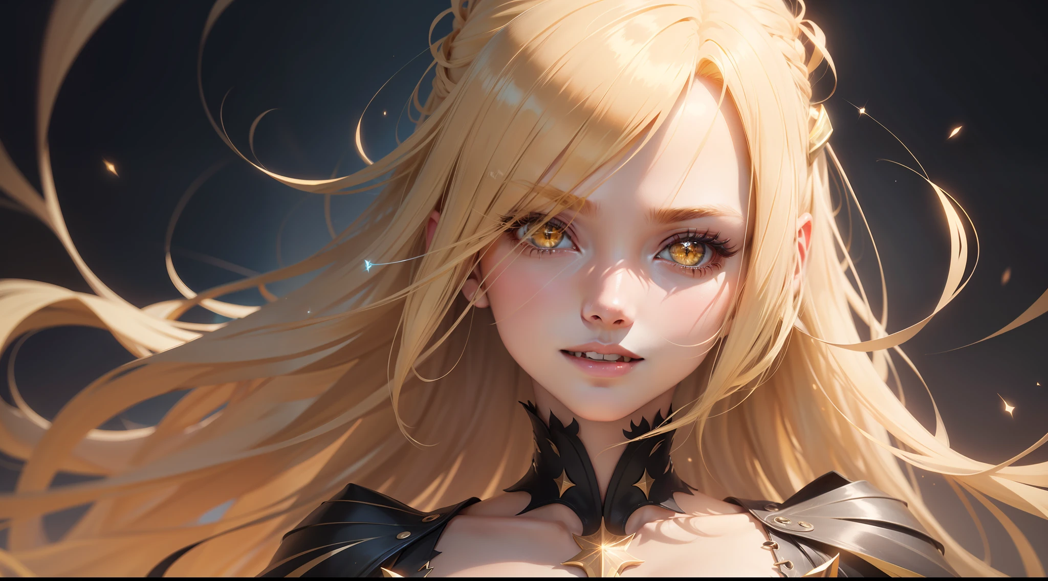 blonde hair, asymmetrical hair, floating hair, hair spread out, jewelry, empty eyes, yellow eyes, color contact lenses, fangs, light smile, Gothic art, anime, cinematic lighting, sparkle, glowing light, god rays, 8k, super detail, masterpiece, ccurate, UHD
