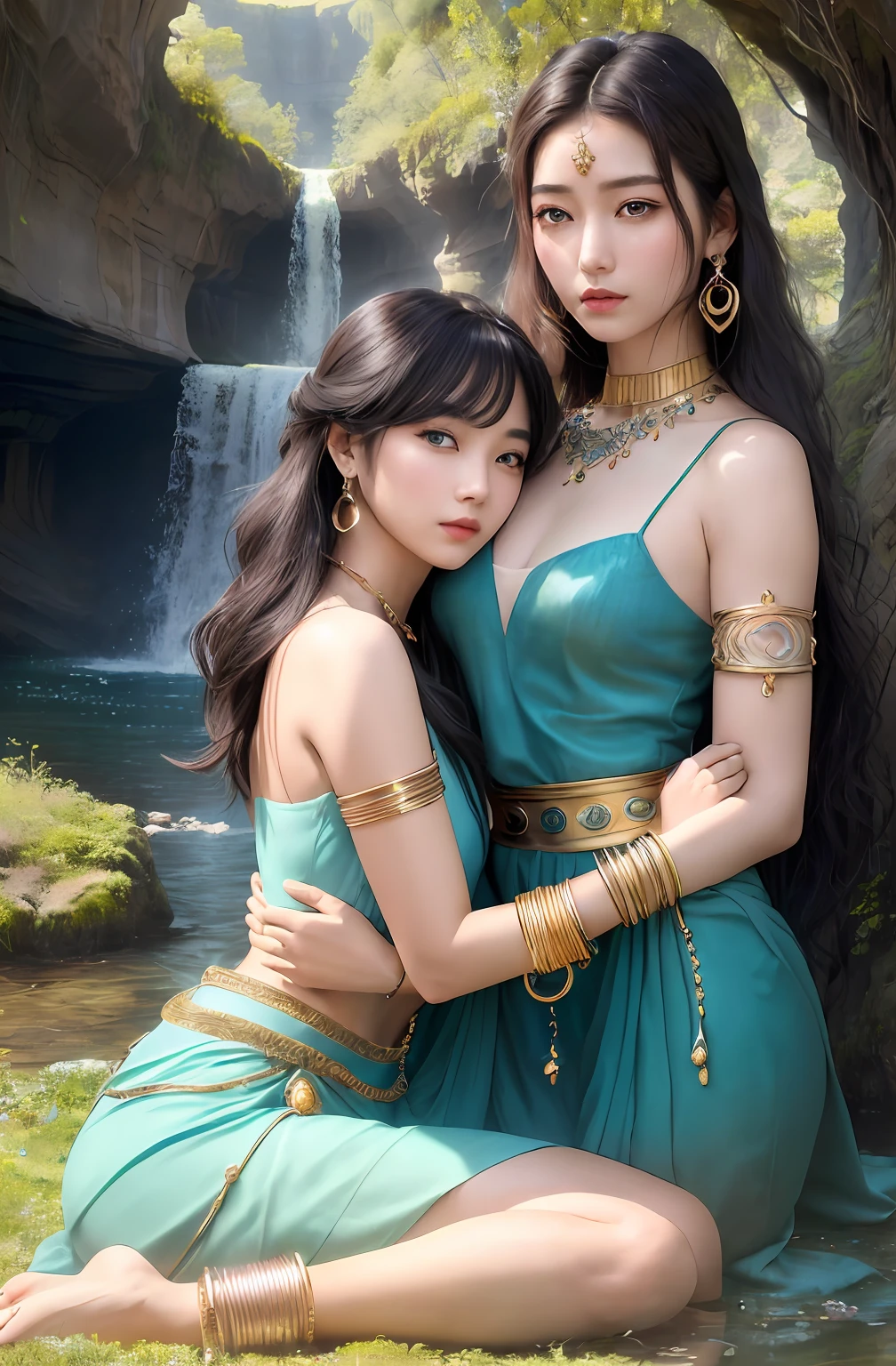 ((Realistic:1.5)),Ulzzang-6500:1.4,((Best quality)), ((Masterpiece)),((Detailed)),2girls,duo,{2 beautiful women}, (Upper body:1.3),Hug and touch each other, Tease your friend's waist, Breathless friends, Biting a friend's earlobe, crouched,super wide shot,Face focus, Long legs,Curvy, Barefoot,Wide hips, Thin legs, Oversized eyes,Long eyelashes, (Detailed face,beautidful eyes, detailedpupils,detailed clothes features, Clear background:1.3), (armlets, bangle:1.3), Mysterious ancient ruins, floresta exuberante, Deep canyon,bridge,River,cliff,Cloud,lakes,Rock music,Waterfalls, Flowers, Grass,grape trees,tree,bright detail,Sharp,Perfect compounding, Intricate, Sharp focus, Dramatic,