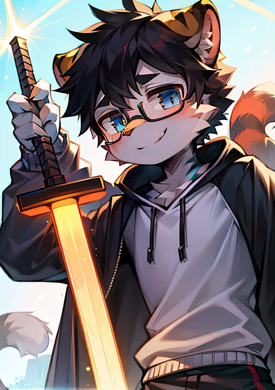 Bright environment:0.8),eyes with brightness, Upper body, Character focus.(detailedbackground:0.7), adolable,furry men,Young age,The head is on the large side,shaggy male,Sunny and cheerful,Smiling,Wear blue and black glasses,White sweatshirt,tigre,(Long felines,Shota,Normal standing posture)Steady and secure,Laser sword
