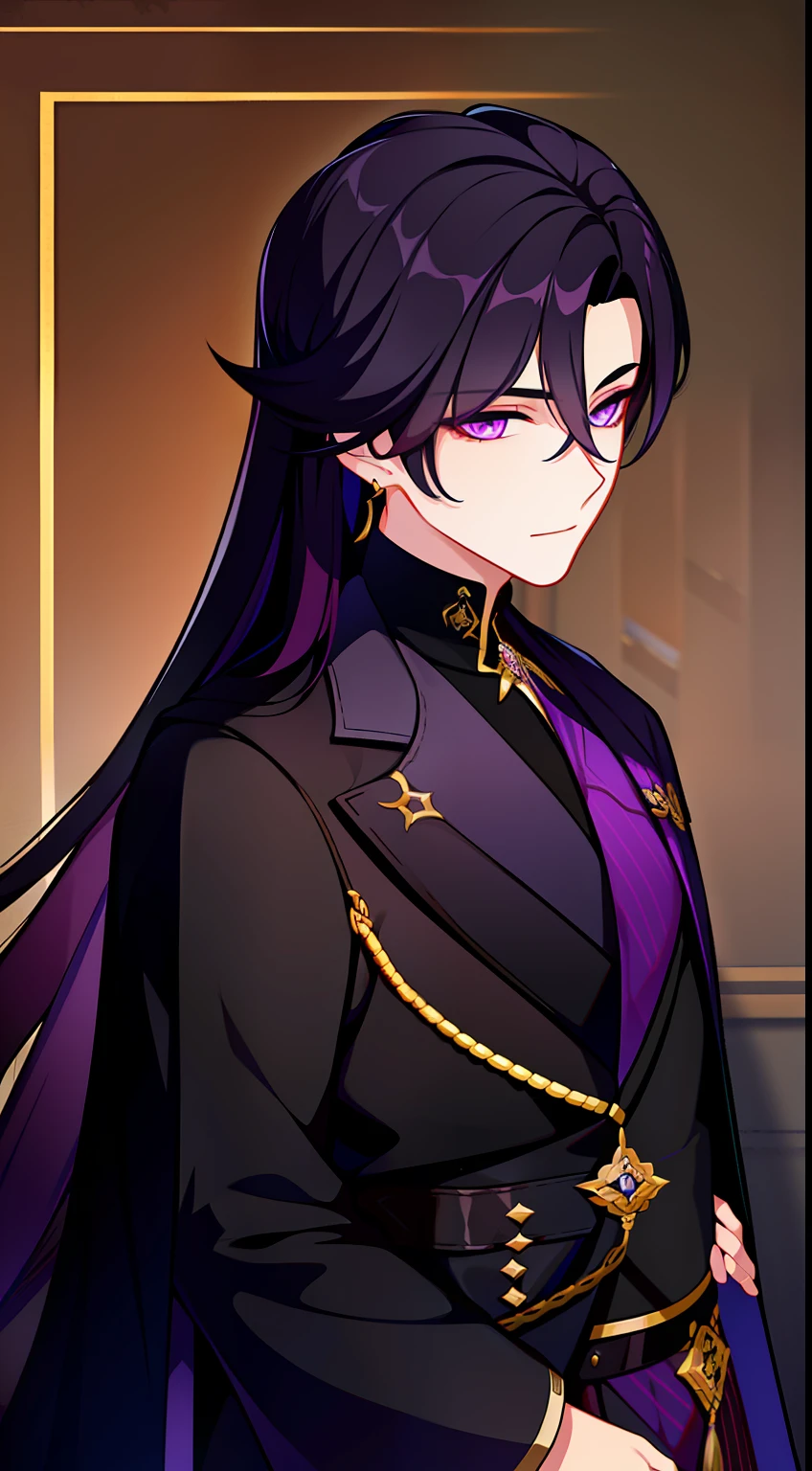 young boy, long dark purple or black hair, violet eyes, Black rich clothes, Masterpiece, hiquality