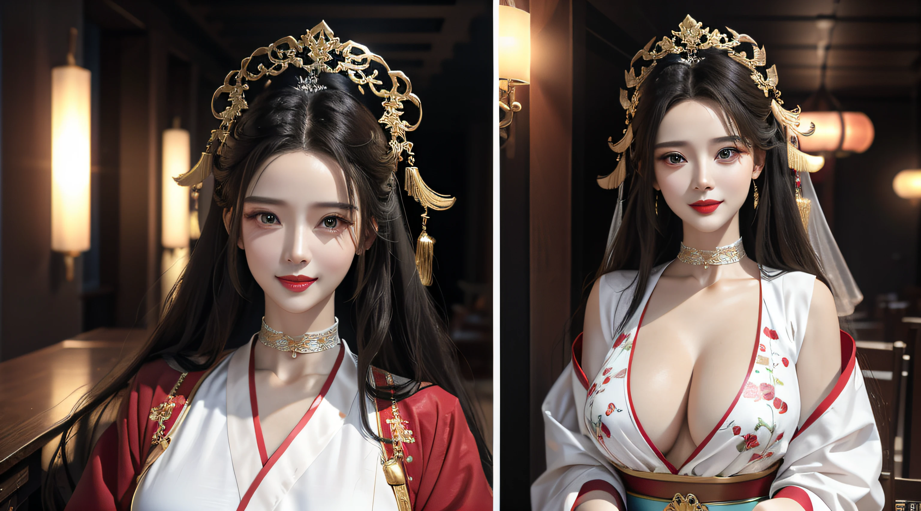1female,huge tit,brunette color hair,Keep one's mouth shut,(Hanfu),Hanfu,Redlip,耳Nipple Ring,florals,hair adornments,jewelry,long whitr hair,Look at the audience,choker necklace,Portrait,ssmile,独奏,A half body,(Shiny skin), (tmasterpiece:1.4),(best qualtiy:1.4)