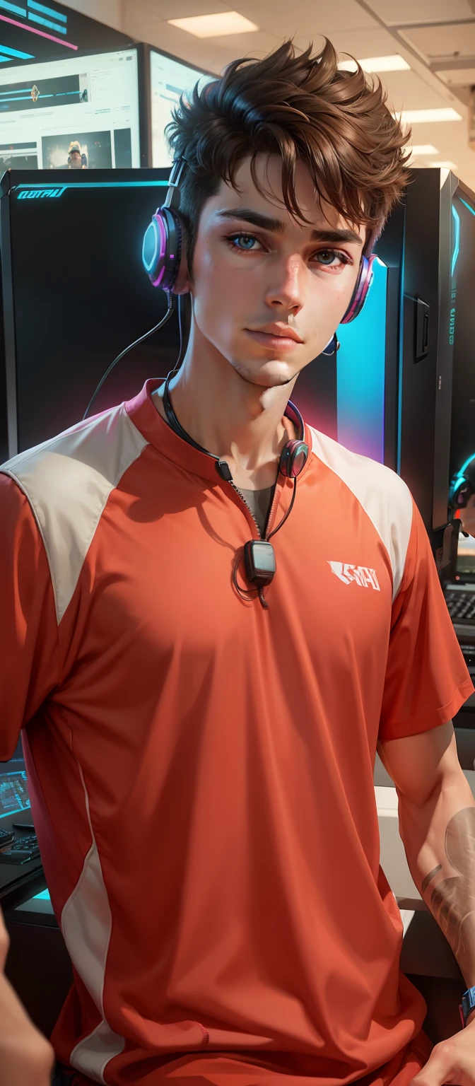 Handsome boy with gaming setup in the background, cyberpynk theme color grading, wearing RGB headphones and phone in his hands