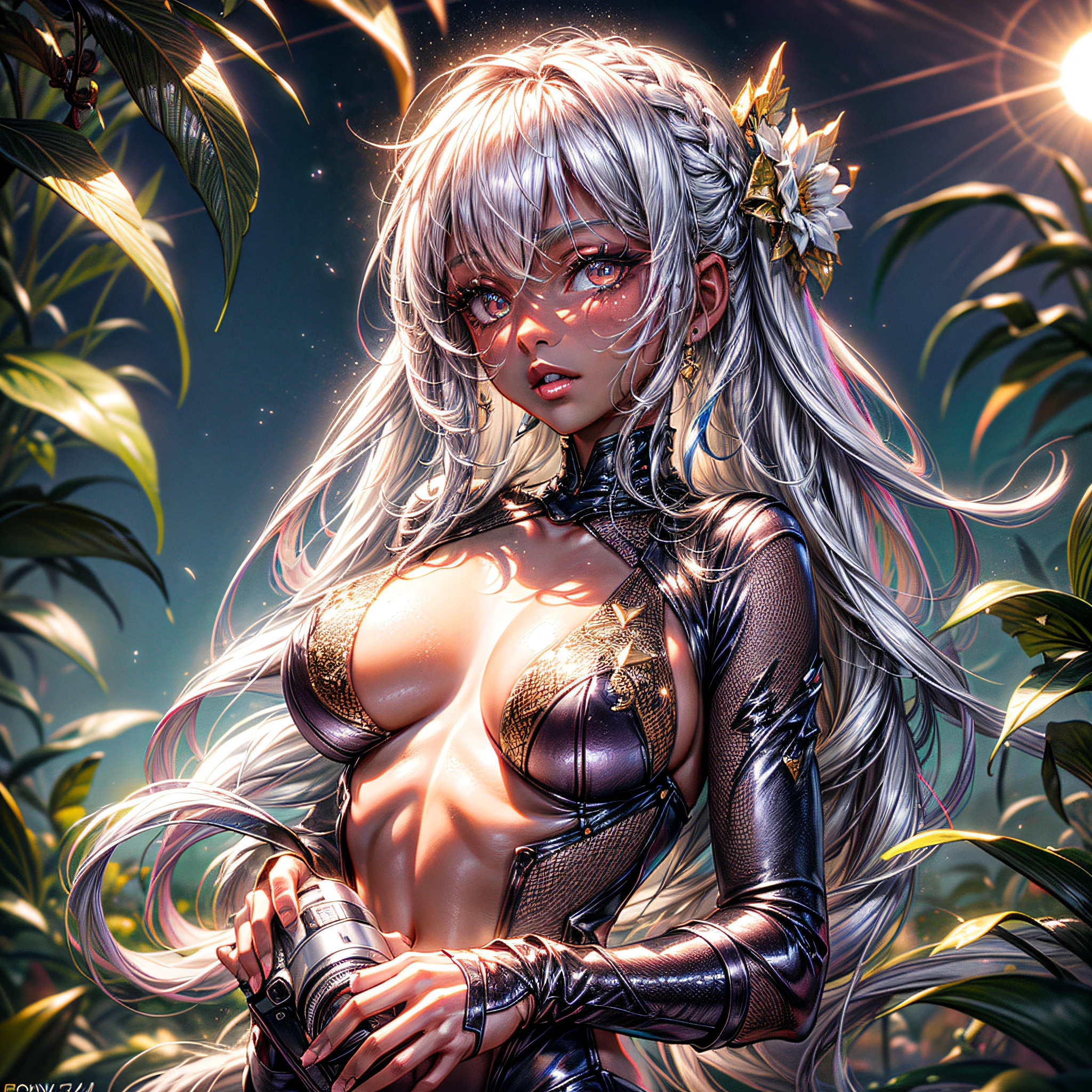 (masterpiece, high quality), liquid gold girl,(extremely beautiful), (dark skin:1.3), (skin texture), (white long silky hair), prismatic gold, shiny body, big breasts, golden eye , clear eye, ,( Sony Alpha a7R IV camera expertly used to capture this captivating moment: 1.2), (paired with a versatile Sony FE 24-70mm f lens/2.8 GM, ensuring every detail is captured beautifully: 1.2), ( The strong sun enhances the beauty of the scene: 1.2), (a breathtaking photo of a mesmerizing woman displaying her stunning beauty: 1.2)