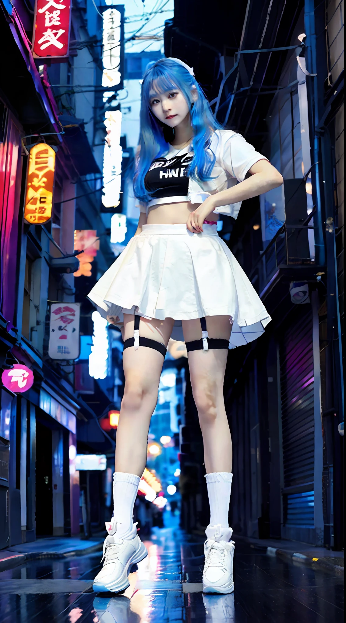 Araki woman holding knife in short skirt and T-shirt, white fluffy cotton shorts, white trendy clothes, short size, casual white garment, White color, shorter pants, trendy white clothing, Cute casual streetwear, very short pants, smooth white tight clothes suit, Bra and shorts streetwear, in shorts and t-shirt, Short height, 19xx,（best qualtiy，tmasterpiece：1.3）， 1girll， Rainy days， Mist， alleys，holding detailed a big, A transparent umbrella in your hand， looking at viewert， blue  hair， facing the photo， Cyberpunk-city， Alone in the alley， Neon lights in the alley， Very reflective city， long whitr hair， Hair-sized strands cross the alley， Riman， jpn， toyko， Garter belt on one leg， Knee pads on the other leg， perfect hand，delicated，the night，Colorful miniskirt，short transparent dress，delicate leg，Green shoes