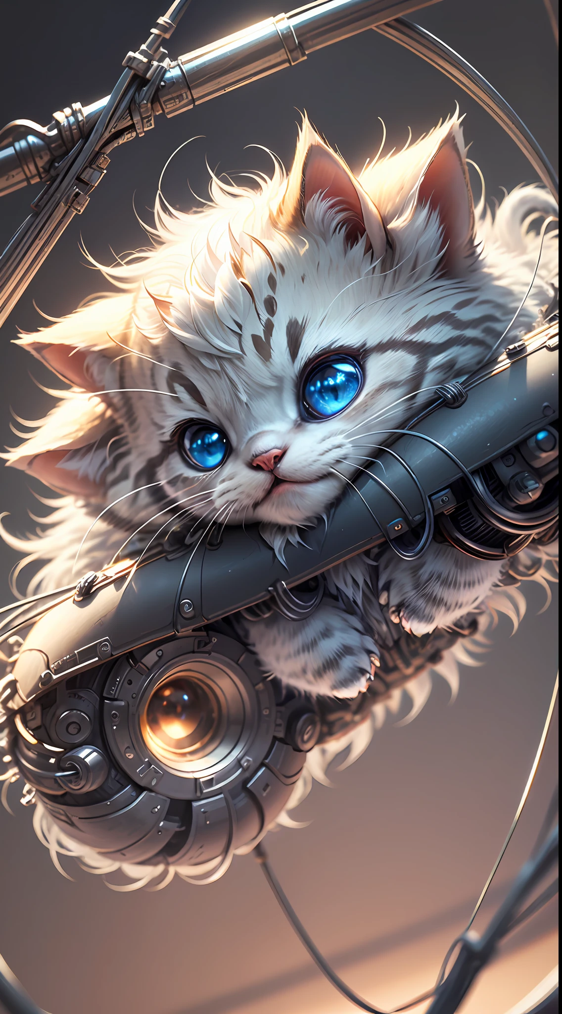 A cute metallic white fur kitten，(Cyborg:1.1)，([Tail|detailed wire]:1.3)，(complexdetails)，hdr，(complexdetails，ultra - detailed:1.2)，Cinema lenses，Halo shadow，at centre，White-haired kitten！！！，red colour，ssmile，Funny，crystal，brightly，shaggy，Floating in mid-air