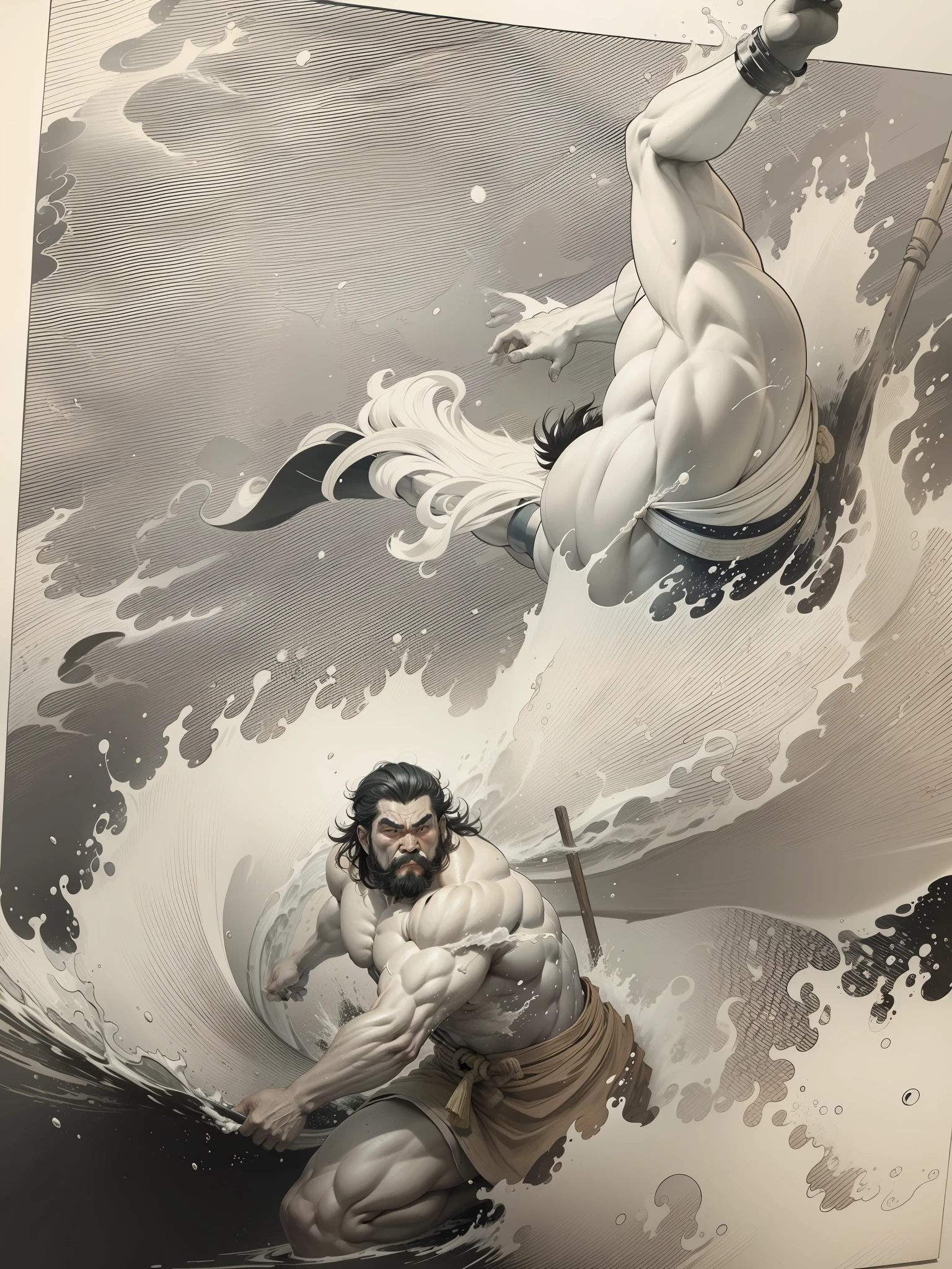 strong man,sea sprash,ukiyoe style,dramatic,tukioka yositosi style,sumo resler