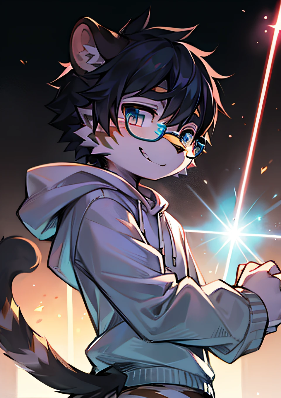 Bright environment:0.8),eyes with brightness, Upper body, Character focus.(detailedbackground:0.7), adolable，furry men，Young age，The head is on the large side，shaggy male，Sunny and cheerful，Smiling，Wear blue and black glasses，White sweatshirt，tigre，（Long felines，Shota，Normal standing posture）Steady and secure，Laser sword
