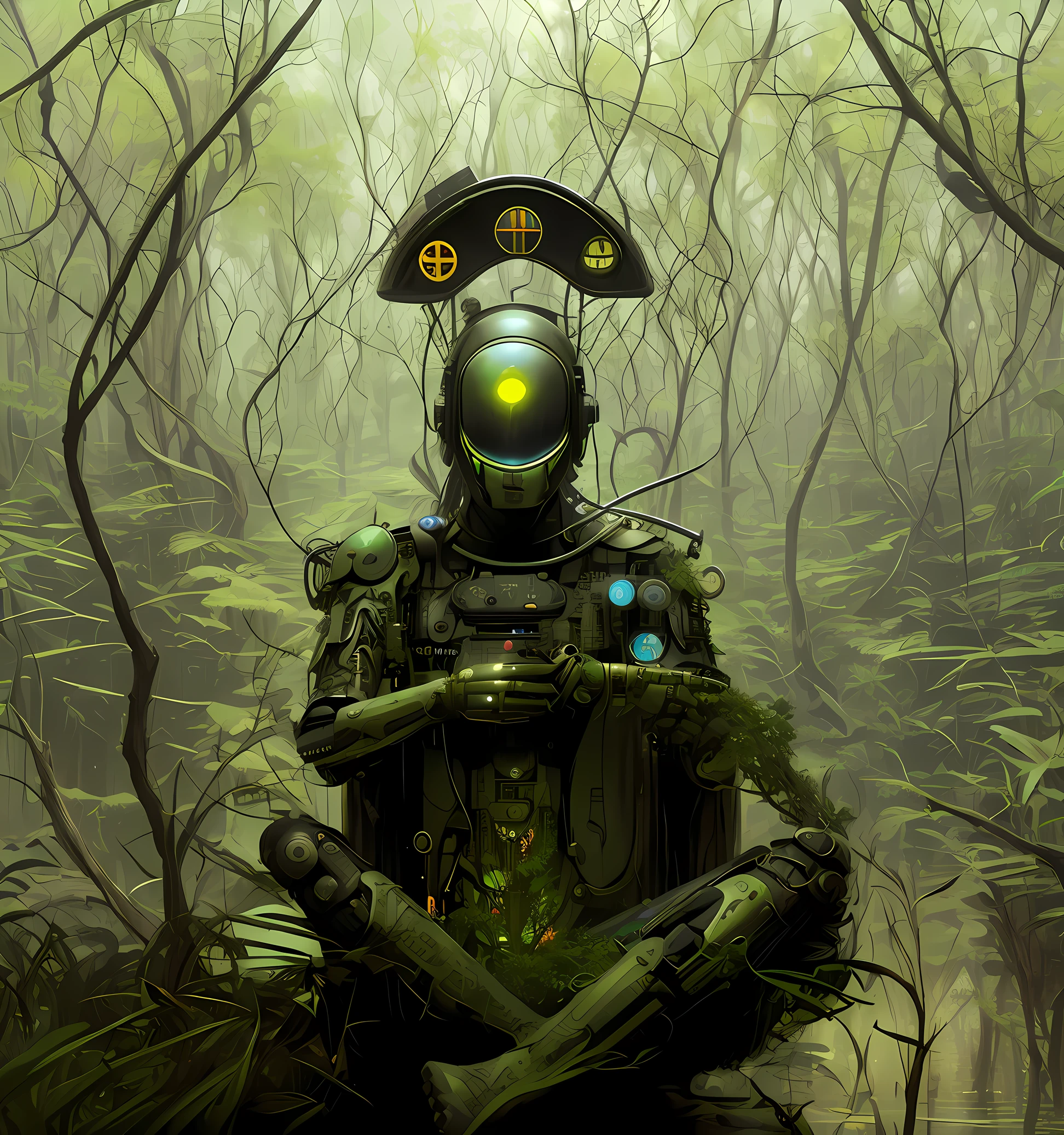 there is a man sitting in a swamp with a helmet on, a cyborg meditating, zen méditation cyberpunk, intricate transhuman, psychedelic organic cyborg, transhumanism, inspired by Igor Morski, inspired by tomasz alen kopera, cybernetic body, neosurrealism. digital art, mystical post apocalyptic cyborg, dmt ego death