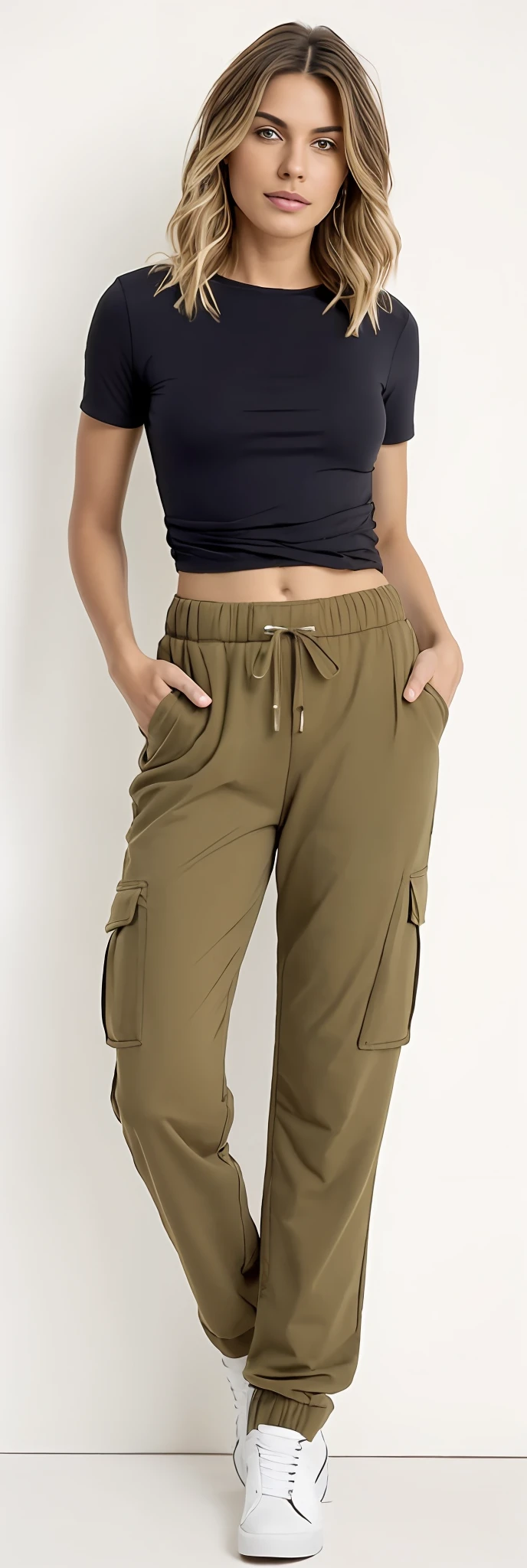 A beautiful woman in a slightly baggy black top and brown pants posing for a photo, brown pants, low-waisted sweatpants, Export of abdomen, baggy pants, Pants, cargo pants, com dois bolsos frontais, Khakis, so shorts, cintura fina e quadril grosso, Olive green pants, with his hands in his pockets, wearing pants, Hands in pockets, Comfortable, toupeira, large pants, tiro do meio cintura para cima, roupas marrons, Directed by: Lee Jeffreis