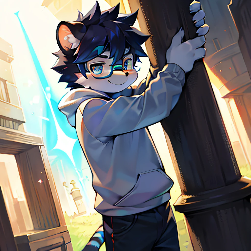 Bright environment:0.8),eyes with brightness, Upper body, Character focus.(detailedbackground:0.7), adolable，furry men，Young age，The head is on the large side，shaggy male，Sunny and cheerful，Smiling，Wear blue and black glasses，White sweatshirt，tigre，（Long felines，Shota，Normal standing posture）Steady and secure，Laser sword