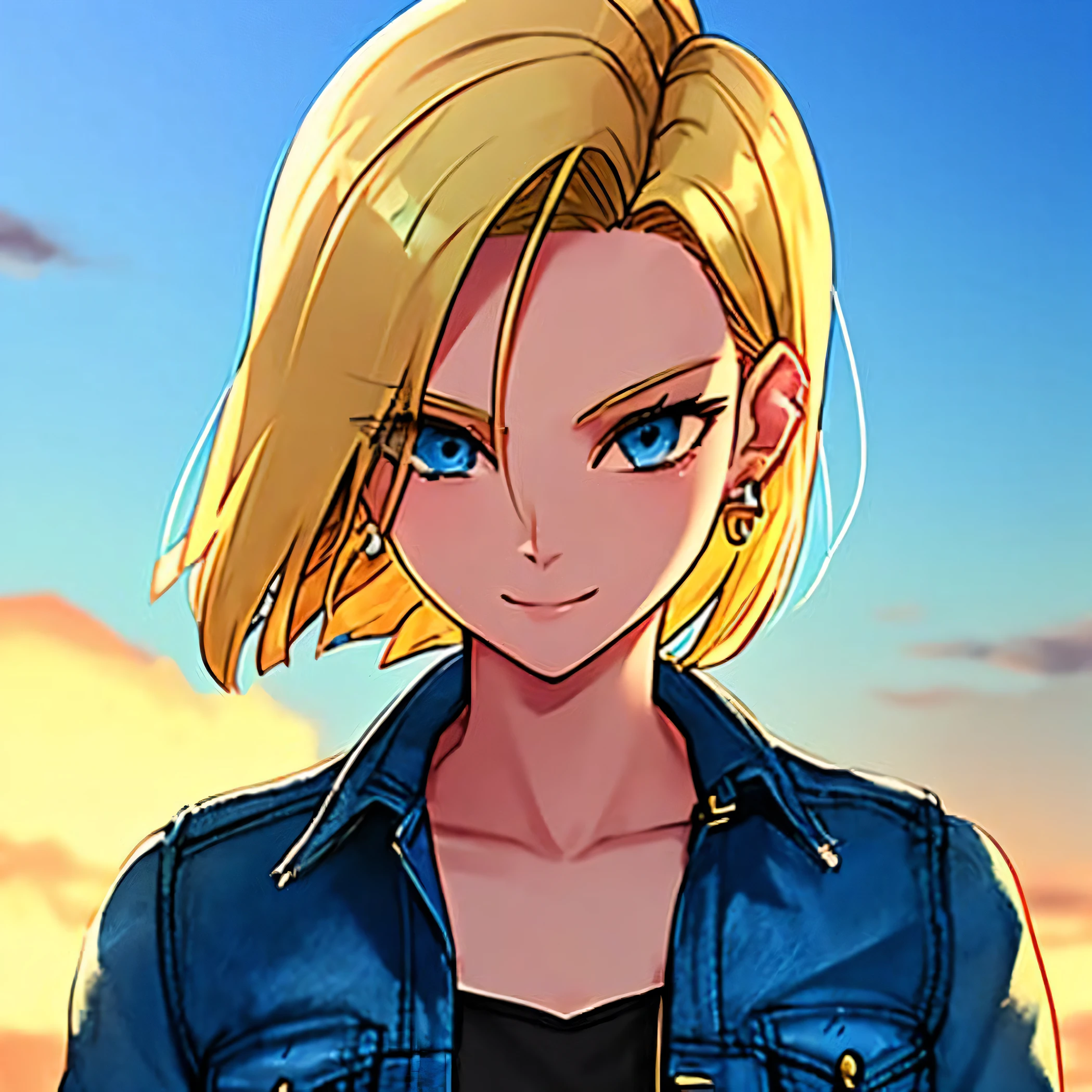 1girl, solo, android 18, blonde hair, blue eyes, short hair, jewelry, earrings, smile, jacket, looking to the side, denim, denim jacket, upper body, lingerie, closed mouth, cloud, sky, day, looking away, blue sky, collarbone,
