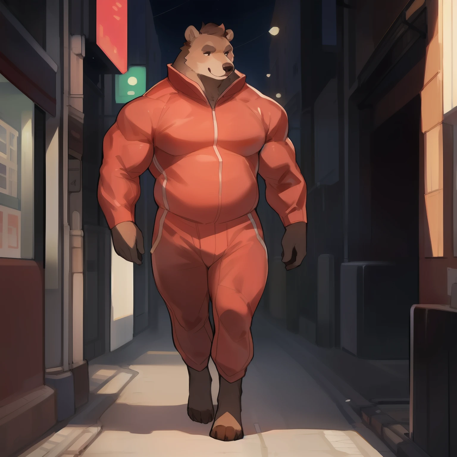 Solo, male, standing, by bebebebebe, (((muscular, giant, massive, huge, enormous, massive))), slightly chubby, ((hair, snout)), grizzly bear, street, long legs, red spacesuit
