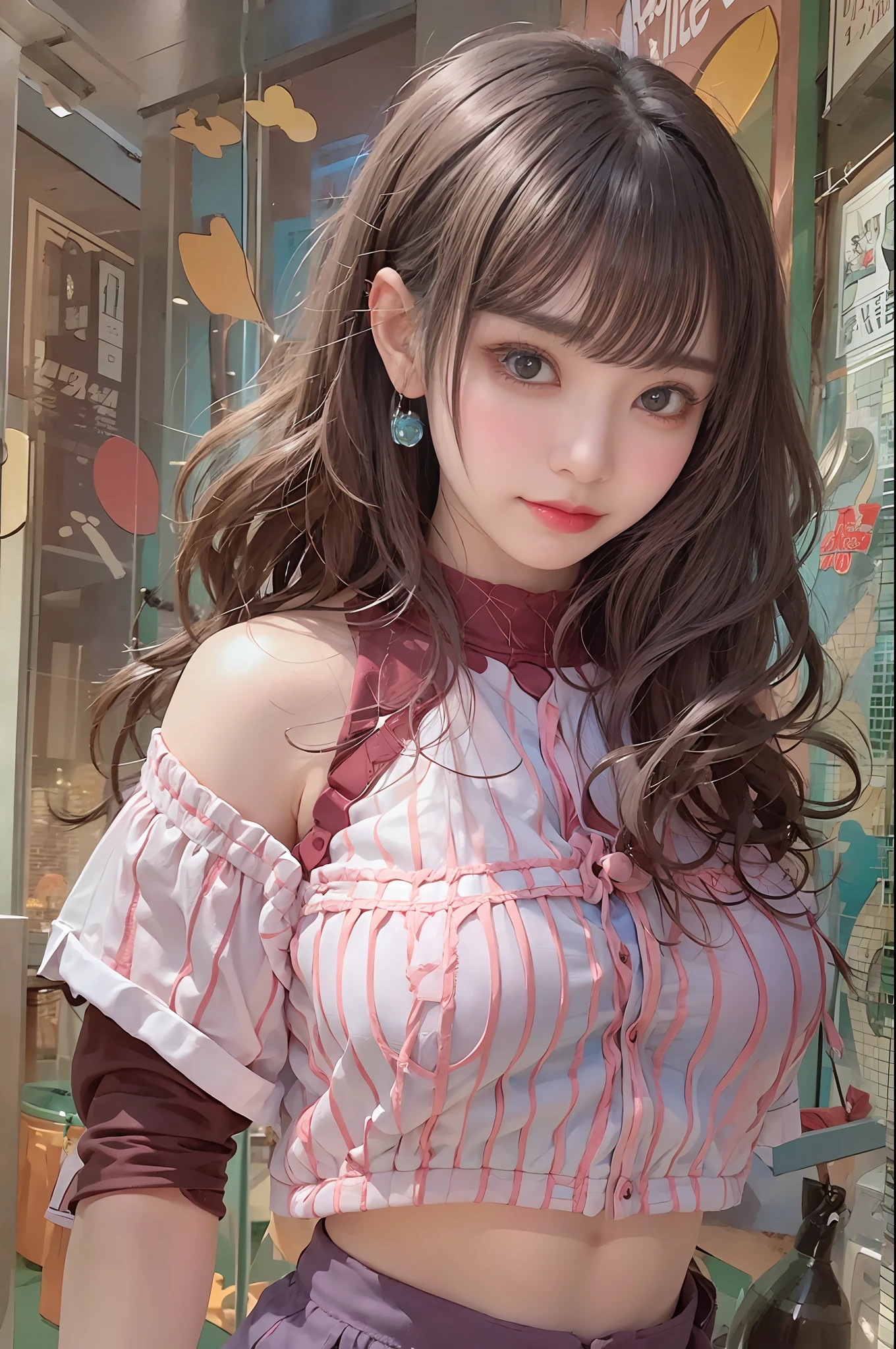 (The to the FW)、Brown hair, length hair、Curled Hair、aqua eyes, surrealism, Verism, com fagulhas de fogo, NIKON, 85 mm, F/2.8, nffsw, masutepiece, tre anatomically correct, high details, 8K,the golden ratio、(FULL BODYSHOT:1.5)、(详细的脸:1.4),beautiful countenance、big eye、large full breasts、sportswoman、(well-muscled:1.5)、see the beholder, ,Translucent shirt、(No bra:1.5)、 (Draw clean areola)、(draw the areola and nipple of the correct form,)、yoga pant、PastelColors、 Walk、City Street、 (Depth Fields:1.3)、Cute smiling face、red-lips、Professional Lighting、