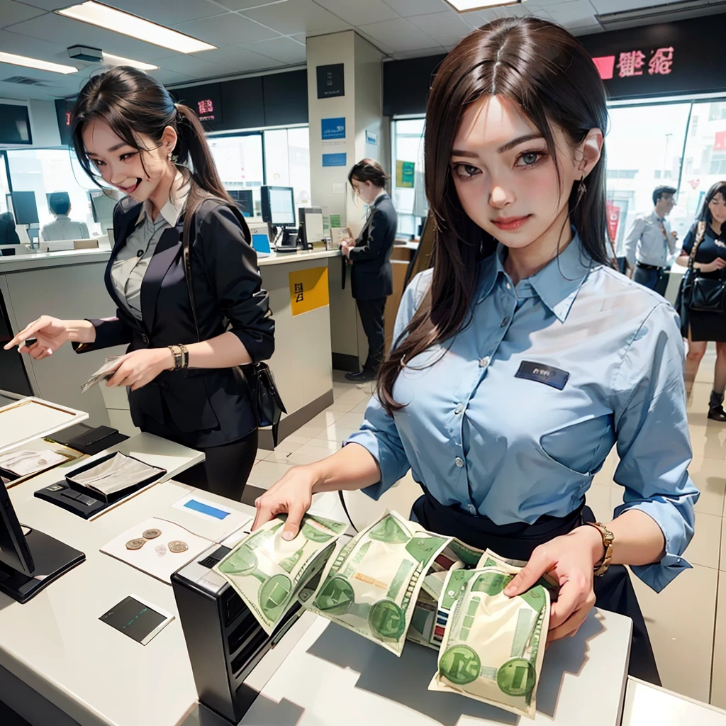 At the bank counter,(There is a bag of money),Glass counter,(Money bags),money,folding money,Female staff,ssmile,laughingly