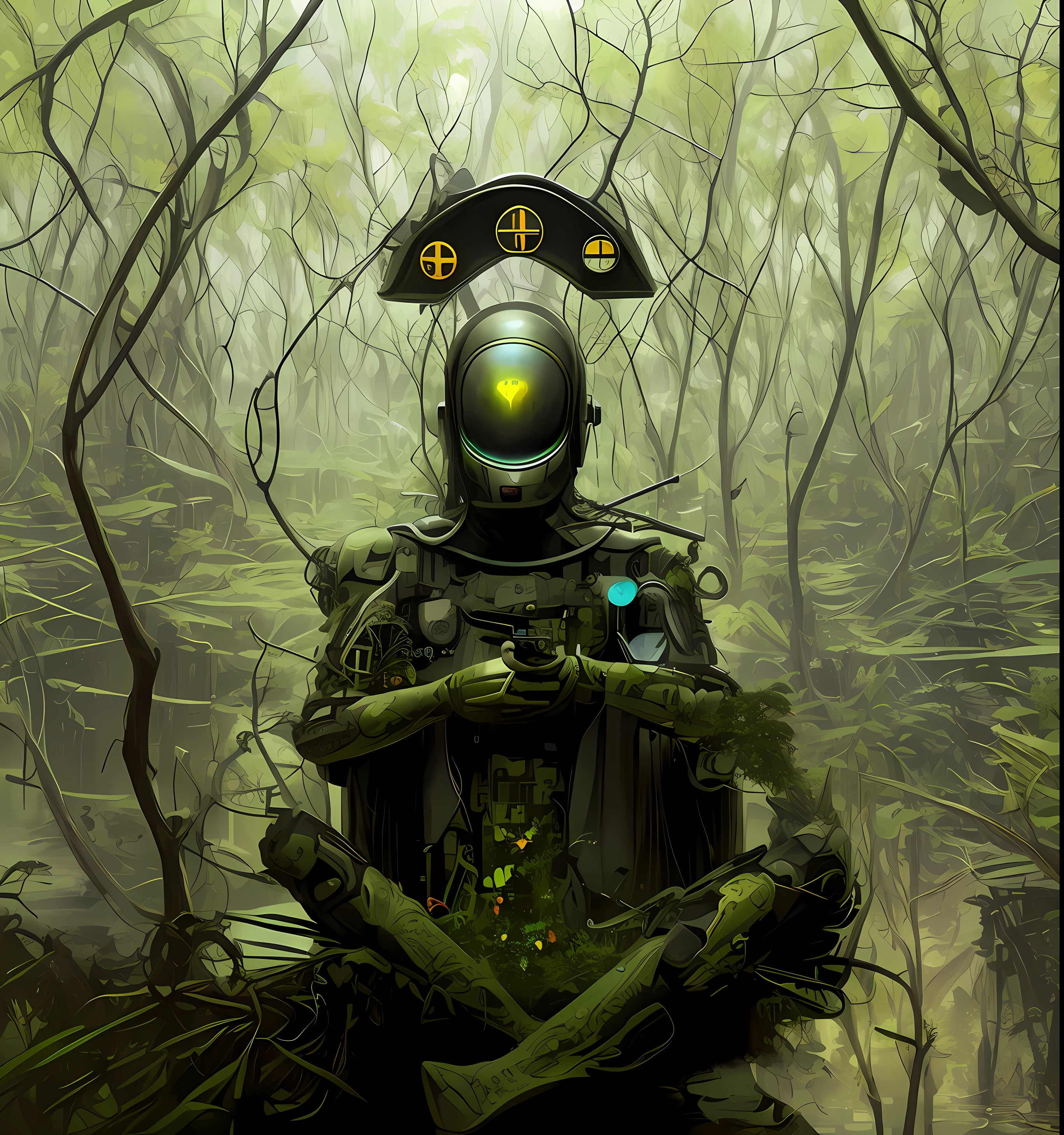 there is a man sitting in a swamp with a helmet on, a cyborg meditating, zen méditation cyberpunk, intricate transhuman, psychedelic organic cyborg, transhumanism, inspired by Igor Morski, inspired by tomasz alen kopera, cybernetic body, neosurrealism. digital art, mystical post apocalyptic cyborg, dmt ego death