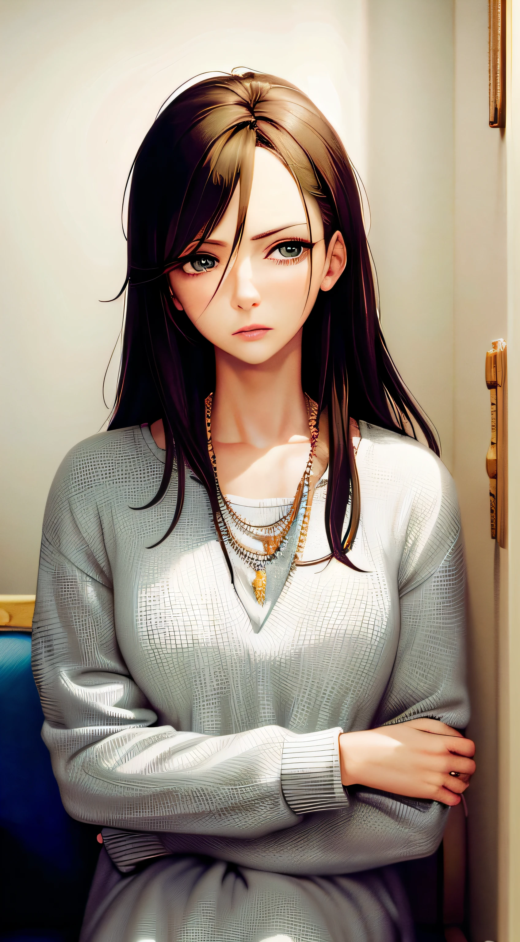 (masterpiece:1,2), best quality, woman 36 years old, sitting on the sofa, gaunt face, look melancholy,