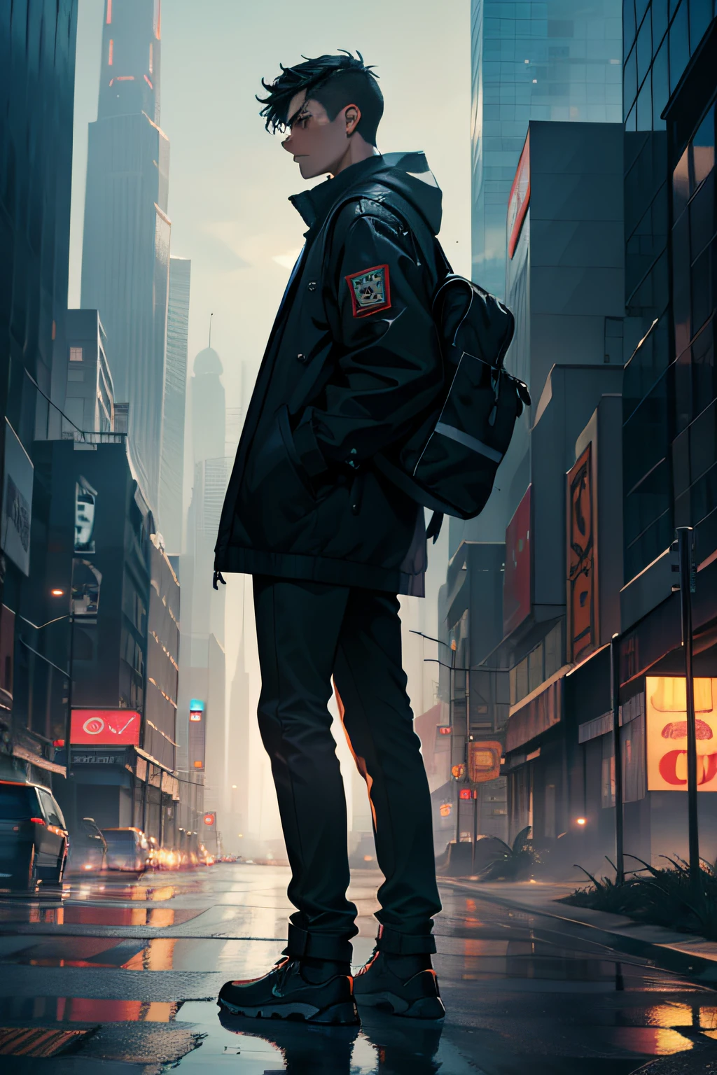 masterpiece, best quality, A young man standing on the edge of the city, looking out at endless skyscrapers and crowded streets, with a tired and disappointed expression on his face, wearing worn-out clothes, surrounded by a desolate and indifferent atmosphere, cinematic lens with (complex filed bokeh);