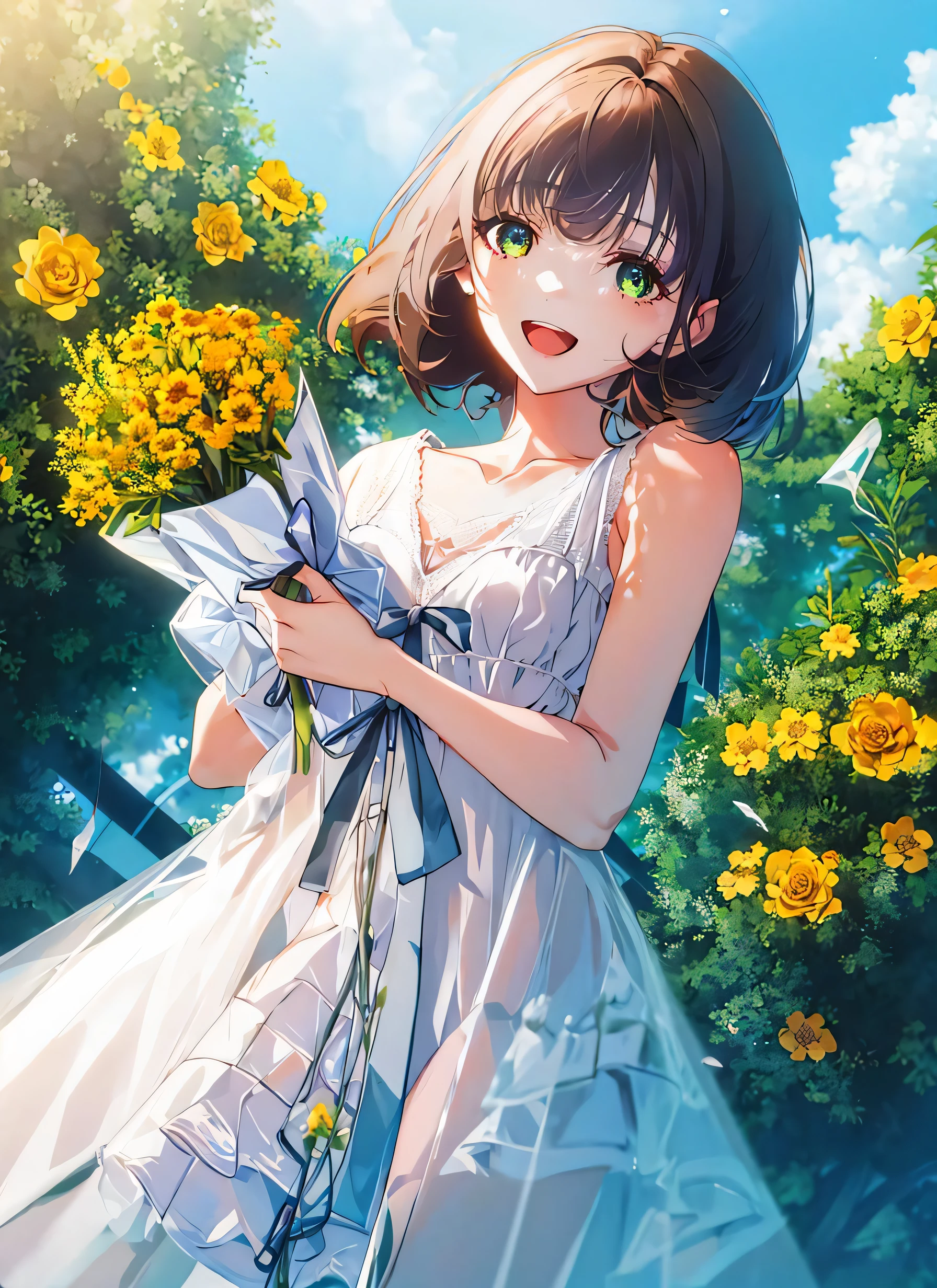 1girl, dress, flower, solo, yellow flower, holding, bouquet, outdoors, brown hair, holding bouquet, smile, looking at viewer, open mouth, sky, sleeveless, sleeveless dress, white flower, white dress, parted bangs, field, collarbone, day, bare shoulders, bangs, flower field, :d, yellow dress, bow, ribbon, frills, green eyes, sundress, standing, medium hair, blue sky, frilled dress, bare arms, orange flower