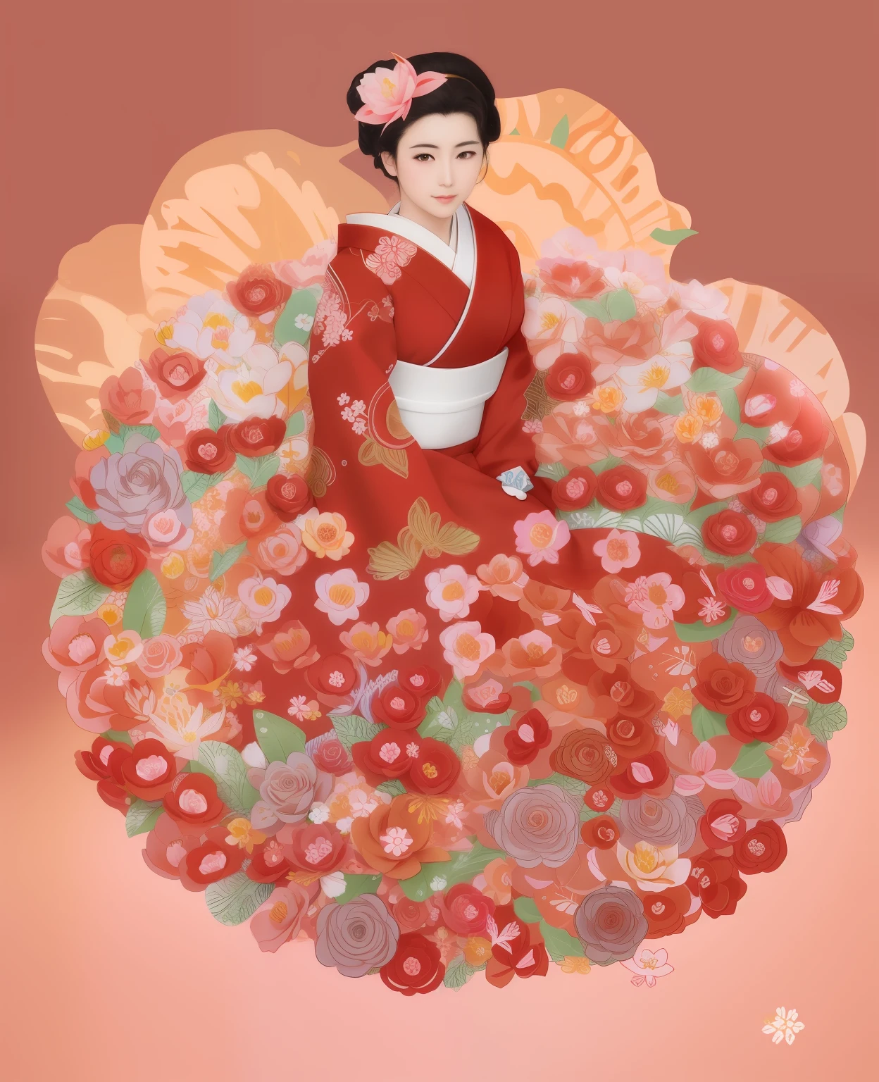 imagem arfed de uma mulher em um vestido preto cercado por rosas vermelhas, Japanese related to flowers, A menina feita de flores, shinsui ito, by Kanō Tan'yū, mulher japonesa elegante, gueixa japonesa, mulher nas flores, Estilo de Masami Kurumada, japanese illustrator, Gueixa da beleza, japanese art style