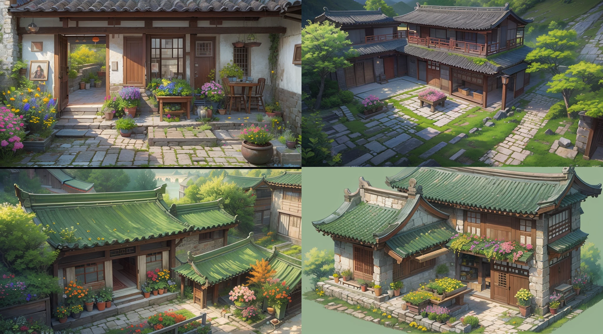 A small courtyard in the seventies nestled in a charming countryside in the picturesque mountains of southern China。Top-down view，A quaint farmhouse，The two-storey stone building is set in a charming courtyard。The courtyard displays a large number of vibrant plants and flowers，Thrive harmoniously in this tranquil environment。Scene in a stone-paved courtyard，Breathtaking combination of water and mountains，Extraordinary visual impact。High level of detail and clarity，Illustration masterpiece，8K high-definition