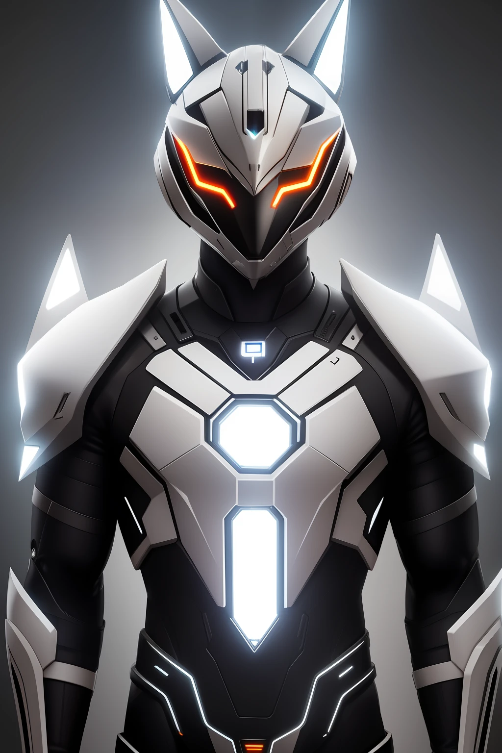 Create an image of a humanoide mechanical human fox with LEDs on its chest, armor white and black, armadura bem robusta