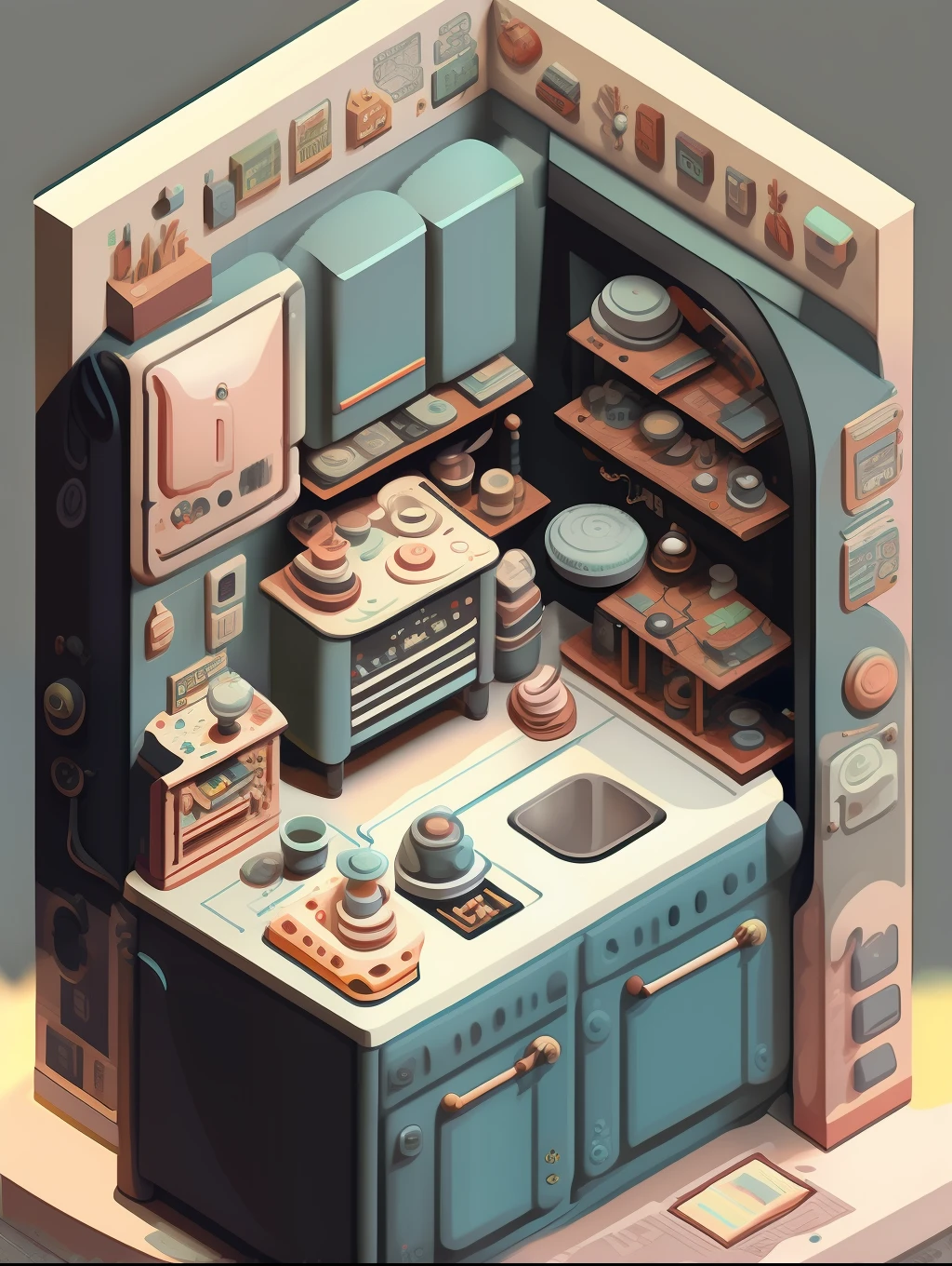 A miniature kitchen, isometric design, multicolour, cartoon style, insane details, pastel colours, many details in the decour, escher style, hyperdetailed