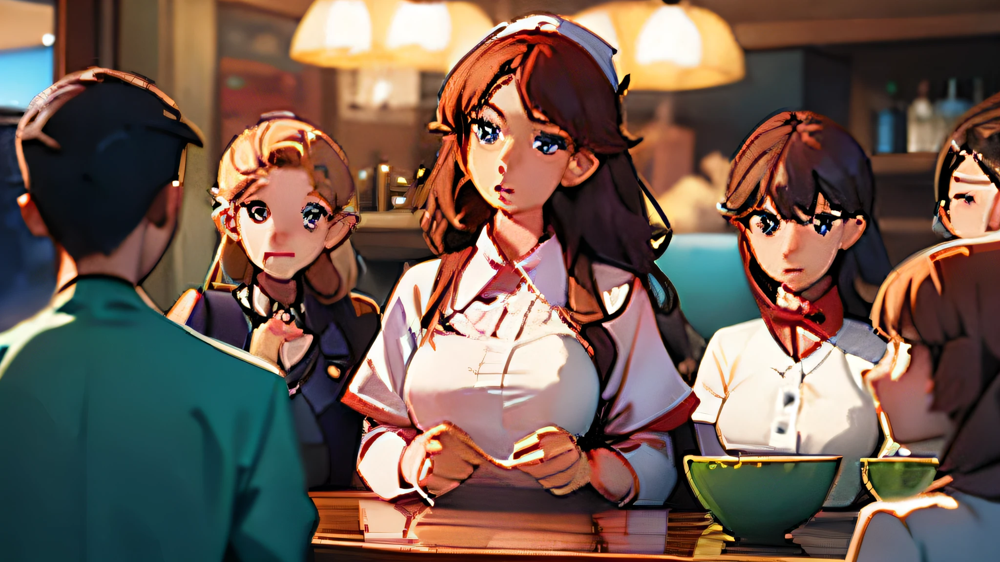 A photo of a waitress asking several people at the counter how many people have come