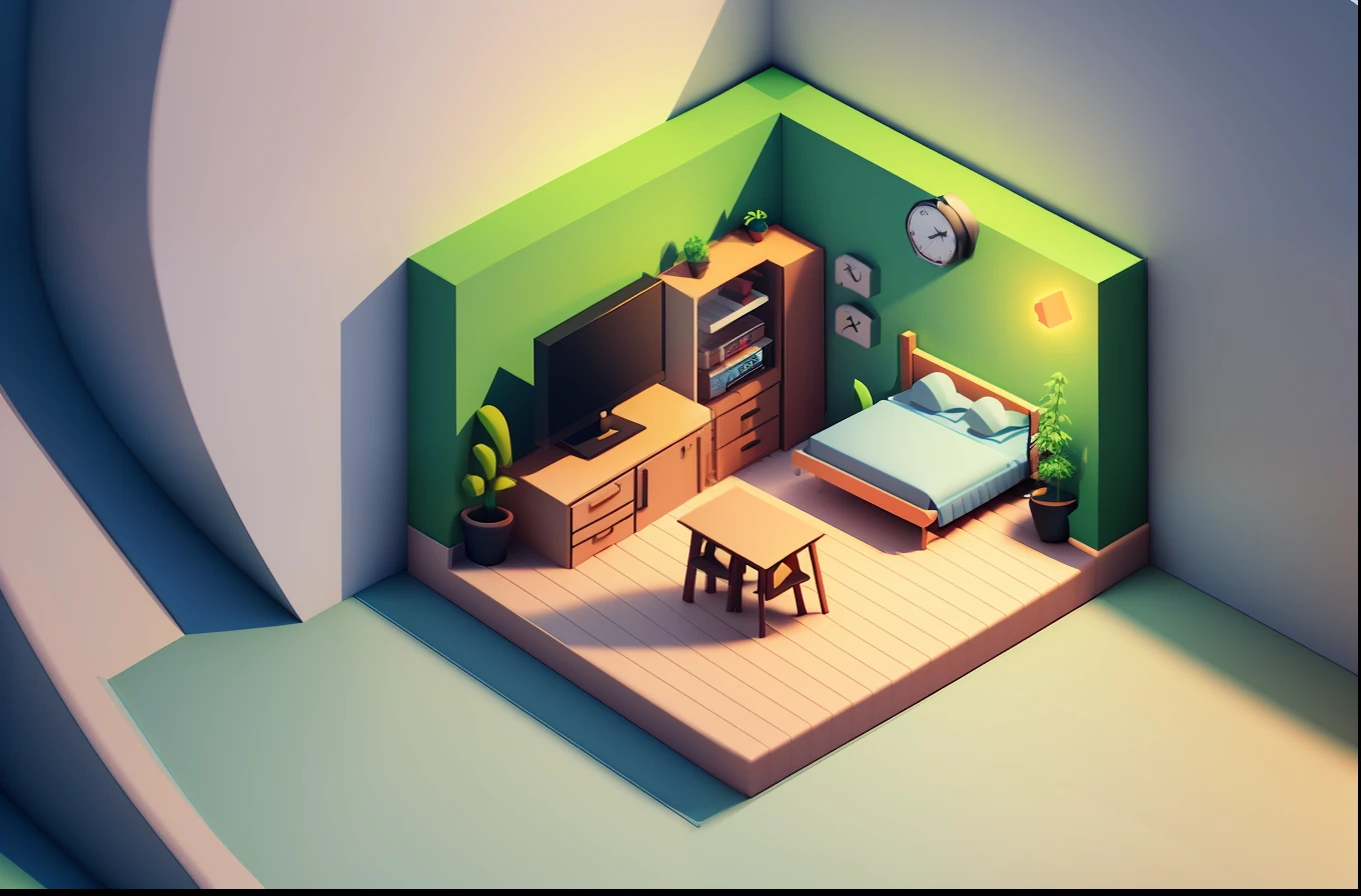 Isometric style, accurate 120 degrees, poly art, stylized 3D rendering, small room, 3D stylized scene,