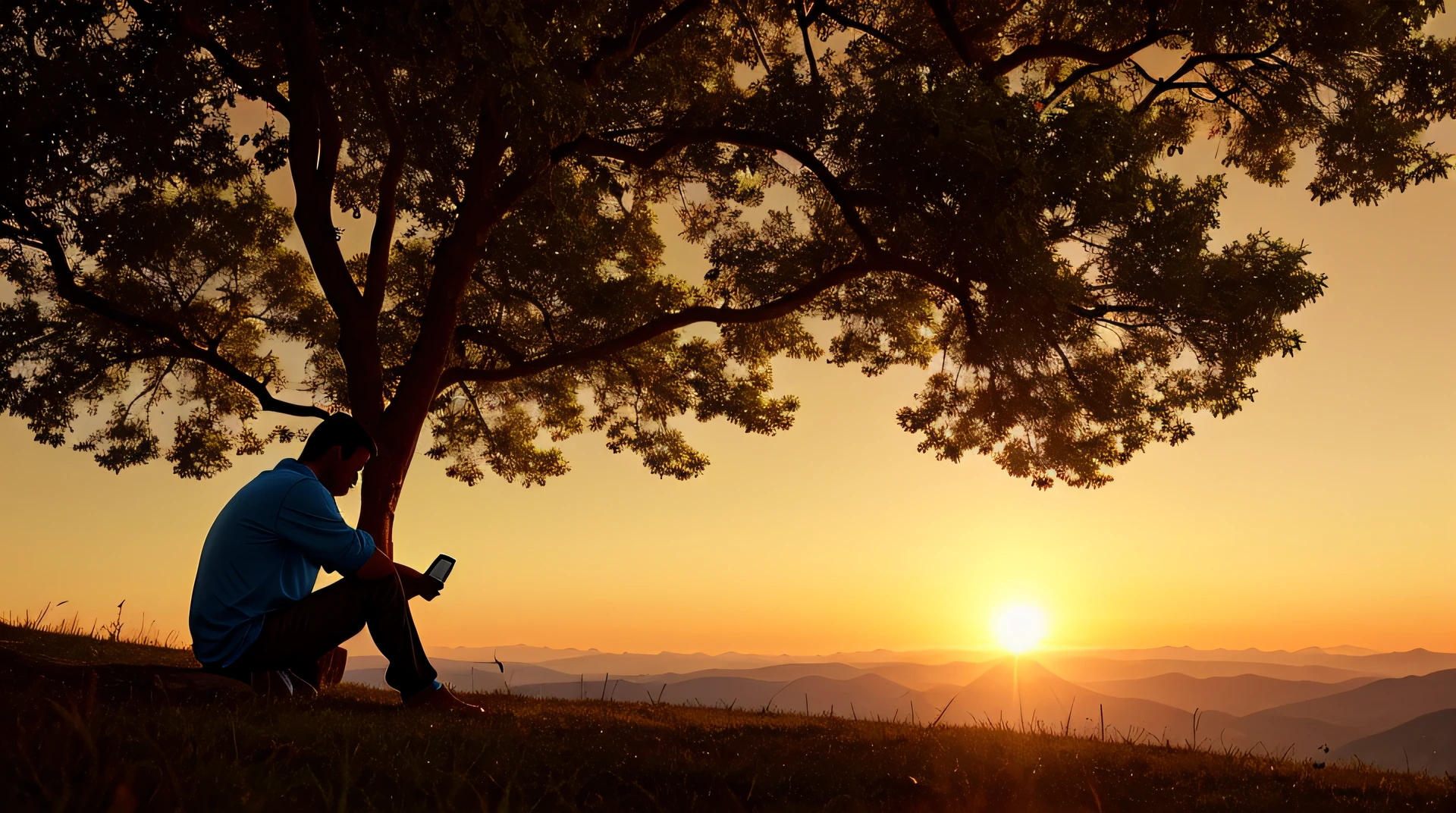 arafed man sitting under a tree on a hill with a cell phone, pensive lonely, lost in thought, thinker, sad man, pensive, sitting alone, praying at the sun, lonely and sad, kneeling in prayer, deep in thought, sitting under a tree, thoughtful, sad feeling, emotional picture, thoughtful ), sad scene, unhappy, praying