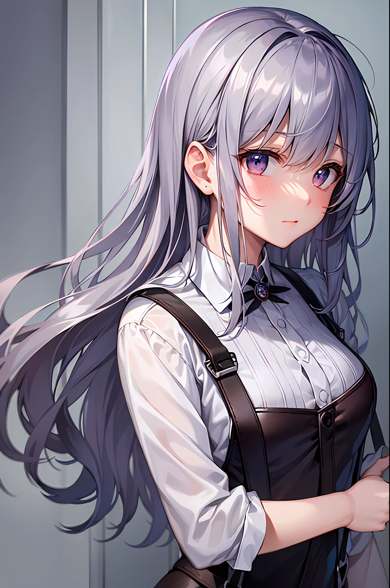 Best Quality, ultra-detailliert, Illustration, silber hair, Aimei, suspenders, embarrassed from