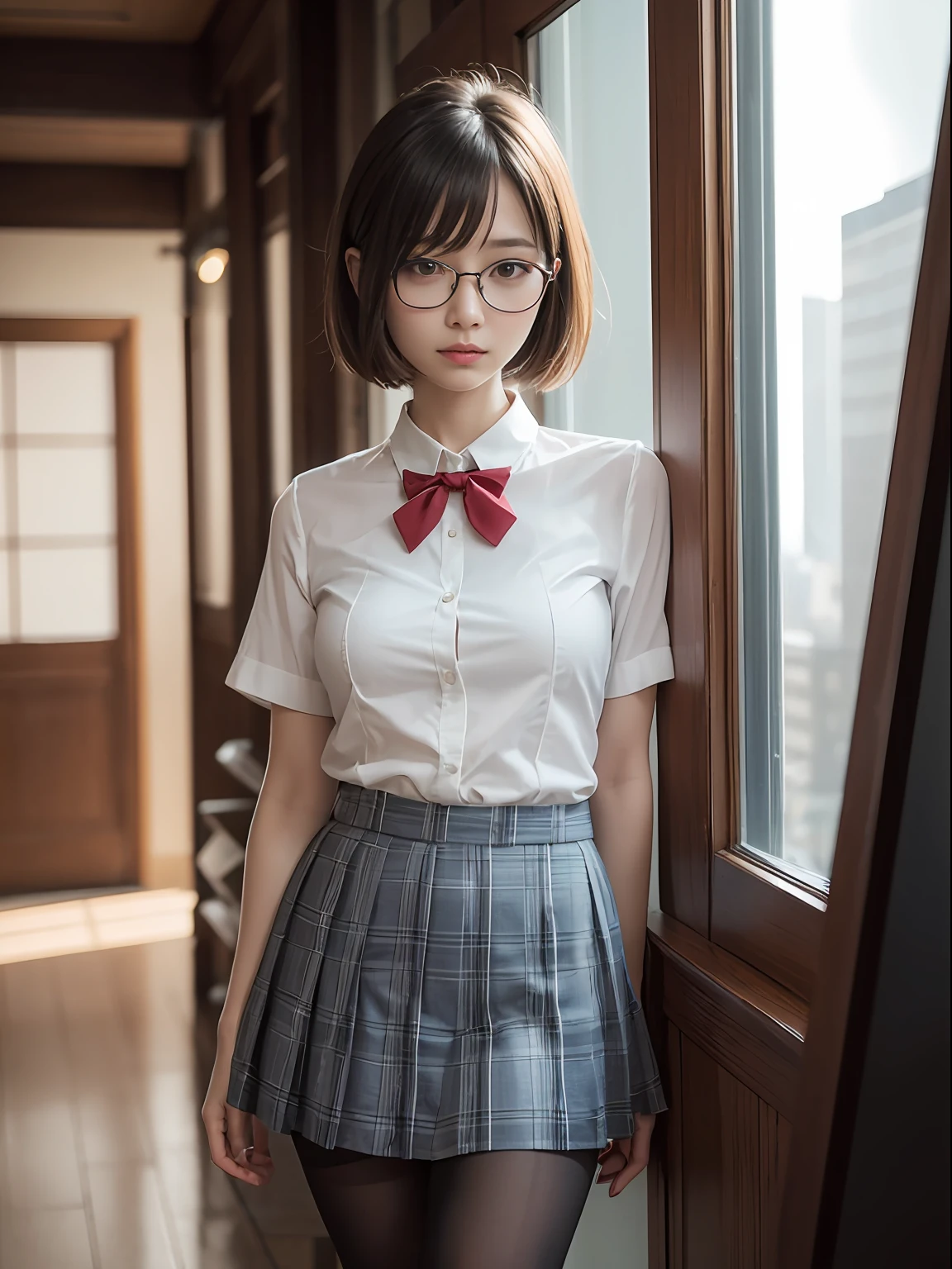 （8K、Raw photography、top-quality、​masterpiece：1.2),Erotic,de pele branca,Black pantyhose,absurderes,a small face,small tits,flat breast,Parting the bangs from the middle、Forehead visible,(Tight eyes,Bullish,skinny,Rasping,irate)、​masterpiece,top-quality、超A high resolution,Raw photo,ren,Beautiful fece,One Person, 独奏,eye glass,,Dark look,Small breasts,fullllbody,Round glasses、cute little、A Japanese Lady,is standing,(Tight eyes,Bullish,skinny,Rasping,irate,small tits,flat breast)、（Photorealsitic：1.37）、Photon mapping,Light blue ribbon,Realistic、Cute little face,Brown-eyed、Black socks、(Red bow tie)、Radio City、Physically Based Rendering、Foreground、depth of fields、Blurry background、a picture,The girls、Body, Long legs, Thin leg,poneyTail,(Bangs are visible), hair, s lips, Blue_The eye, nosesoft,White shirt, Navy blue and white plaid pleated skirt, Knees are visible,Sheer clothing,, Thigh, Black cotton socks,Nogizaka Idol, 女優, Japanese ido