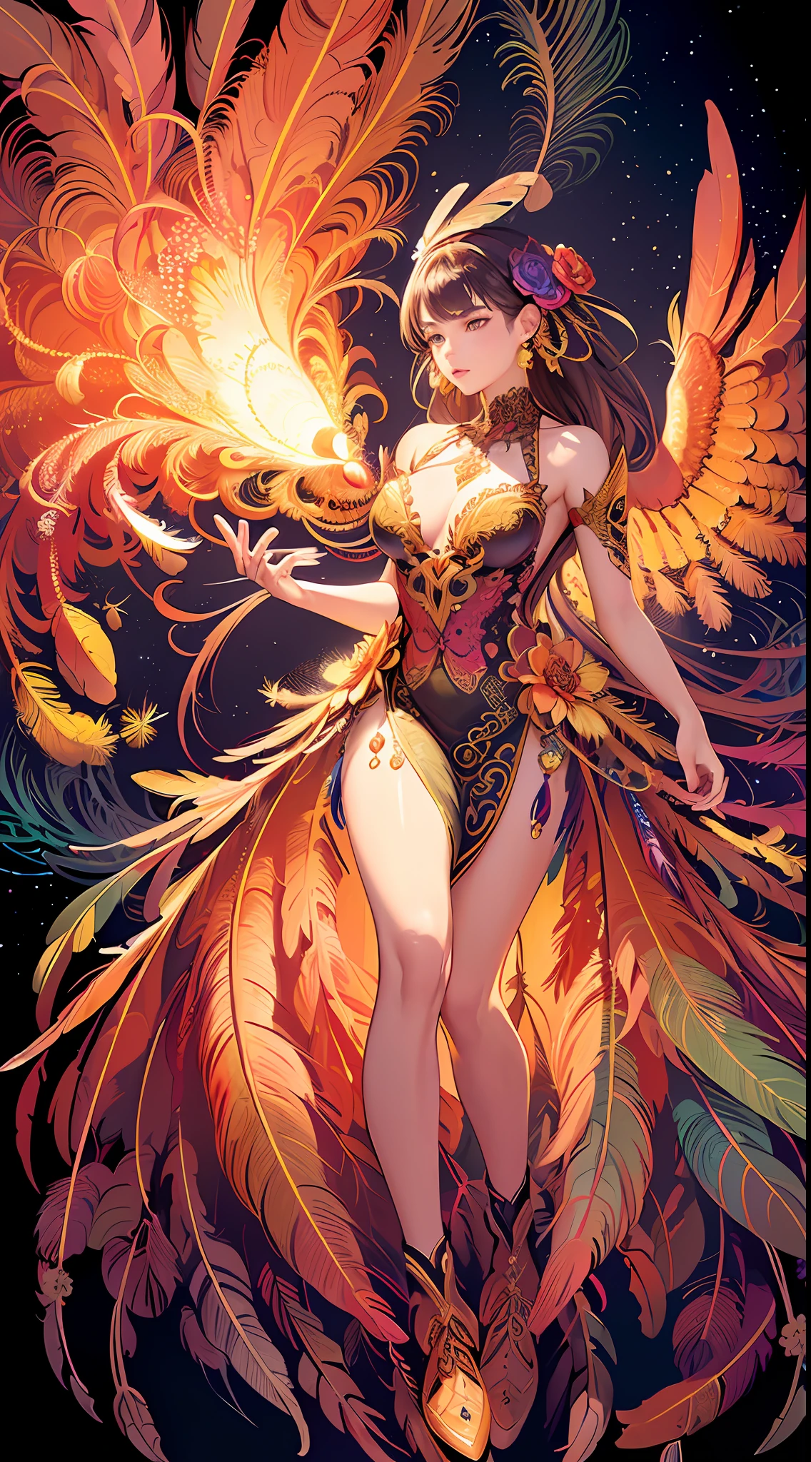 (masterpiece, top quality, best quality, official art, beautiful and aesthetic:1.2), (1girl:1.3), extremely detailed,(fractal art:1.1),(colorful:1.1)(flowers:1.3),highest detailed,(zentangle:1.2), (dynamic pose), (abstract background:1.3), (shiny skin), (many colors:1.4), ,(earrings), (feathers:1.5) , (Flamethrower:1.3),red background,Phoenix dress,