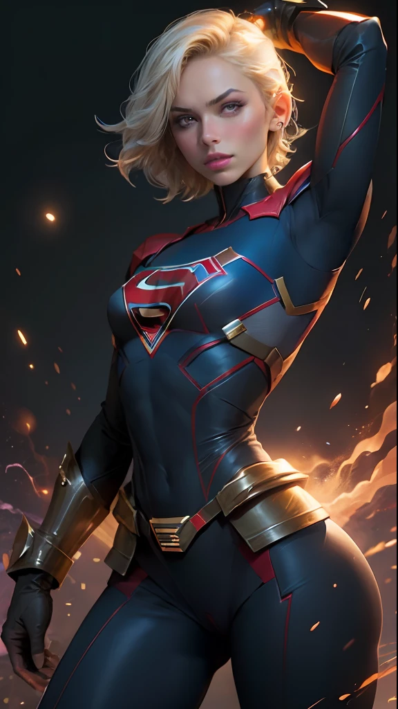 "((best quality,best illumination)), Beautiful model with short hair and athletic body, vestindo cosplay de Supergirl, seios acentuados e destacados, dynamic pose, colorful background, high saturation, luzes vibrantes.", bunda grande, de costas, sem calcinha