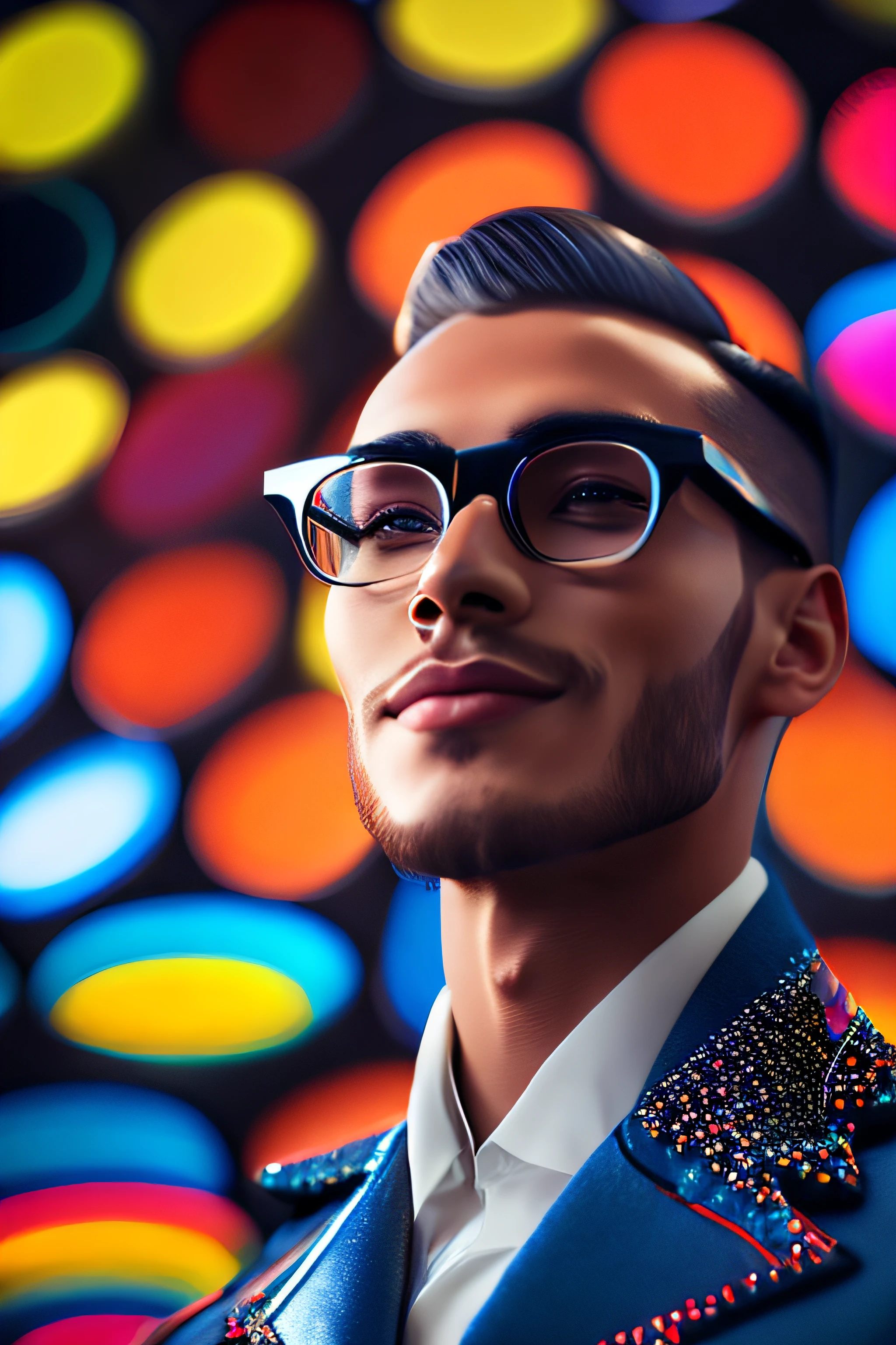 (retrato fashionista homem BRASILEIRO idoso, 1950s with intricate colorful modern bright colored glasses), cabelo fofo c0lorful, Smiling expression, (fotografia digital extremamente detalhada: 1.2), Standing in the middle of the city, (((corpo inteiro))), imagem crua,, Hasselblad, 50asa, f8, 12mm, efeitos de brilho, godrays, handdrawn, render, 8k, octane render, cinema 4d, liquidificador, escuro, atmospheric 4k ultra detailed, cinematic sensual, foco nítido, humorous illustration, grande profundidade de campo, obra-prima, cores, 3d octane render, 4k, arte conceitual, trending in the artstation, hiperrealista, cores vivas, luz de aro, extremamente detalhado CG unidade de papel de parede 8k, trending in artstation, trend in CGSociety, estilo Pop Art por Yayoi Kusama, Intrincado, Alto Detalhe, dramatic
, energia pura, light particules, sci-fi
