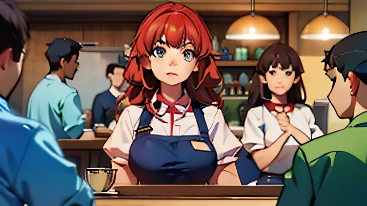 A photo of a waitress asking several people at the counter how many people came