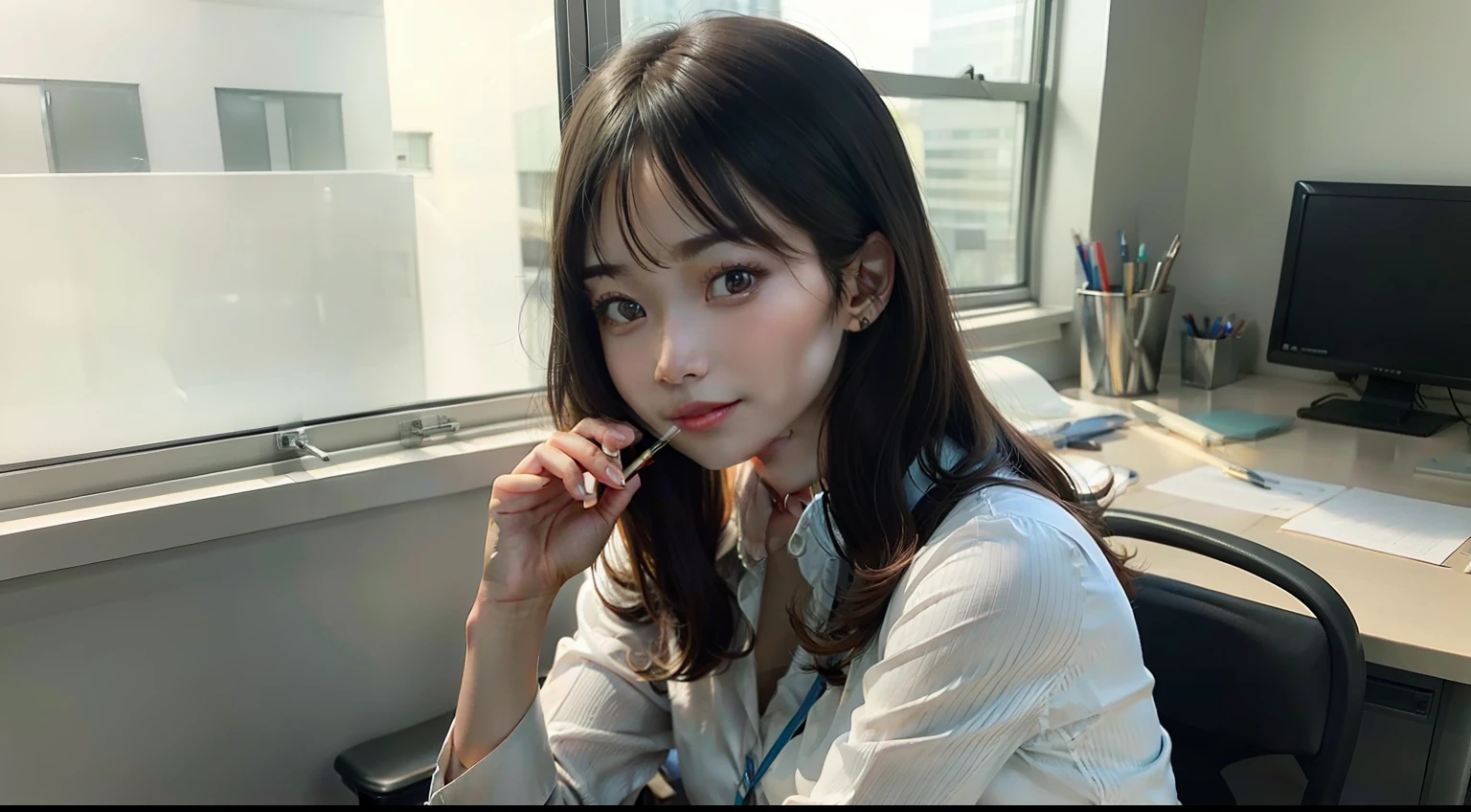 holding a pencil in an office
