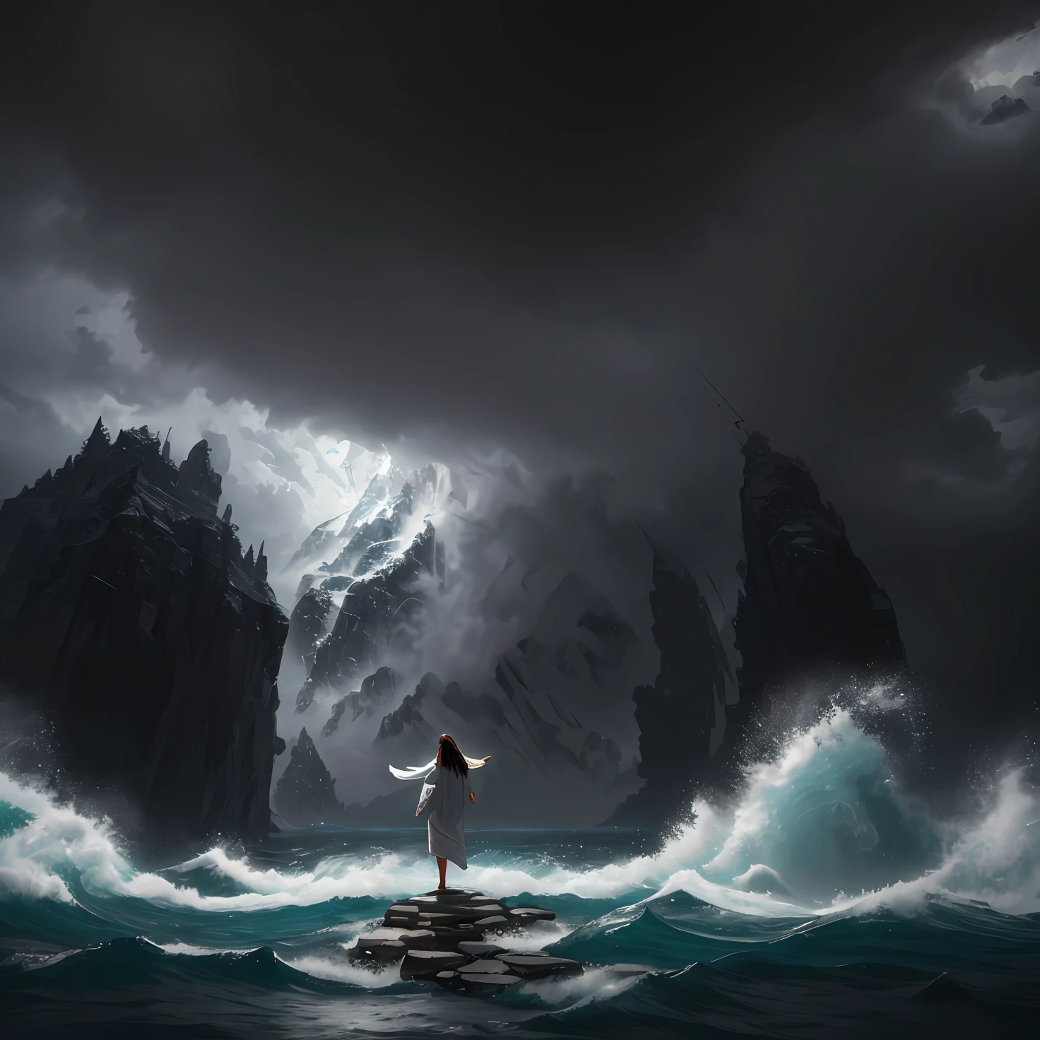 jesus walking on water in a storm, masterpiece, best quality, high quality, extremely detailed CG unit 8k wallpaper, award winning photography, Bokeh, Depth of Field, HDR, bloom, Chromatic aberration, photorealistic, extremely detailed, trending on artstation, trending on CGsociety, intricate, high detail, dramatic, mid-journey art, volumetric lighting