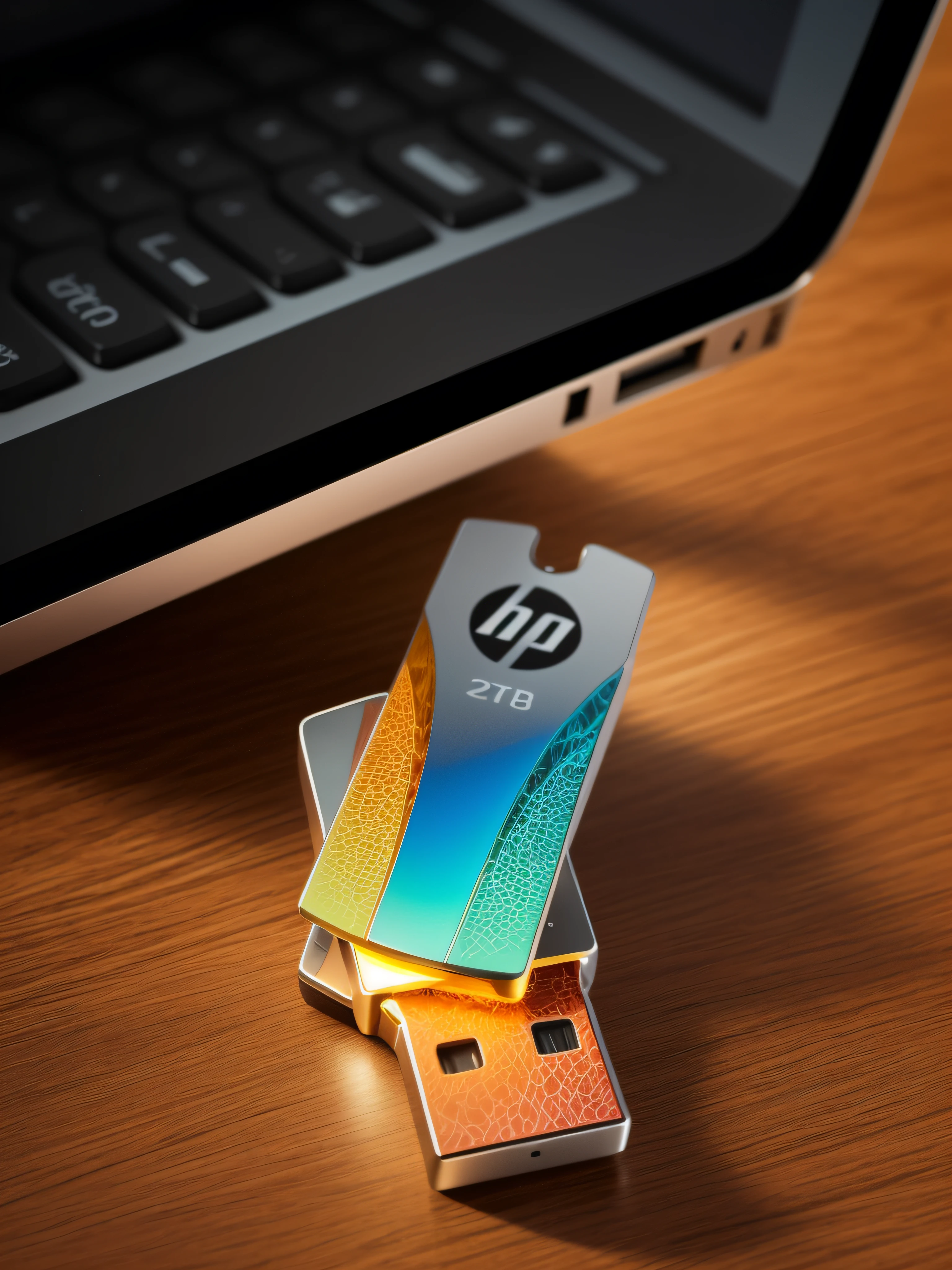 A USB stick rests on the smooth-textured wooden office desk in a computer room. The picture is clear (Sharp: 0.7) and displays a colorful explosion of psychedelic paints (cores: 1.21), with incredible detail. Na mesa, Accessories include the Nikon D850 with Kodak Portra 400 photo film and f1 lenses.6, garantindo cores ricas e textura realista. Lighting is dramatic, and all around are the computer, rato, teclado e cabo USB.