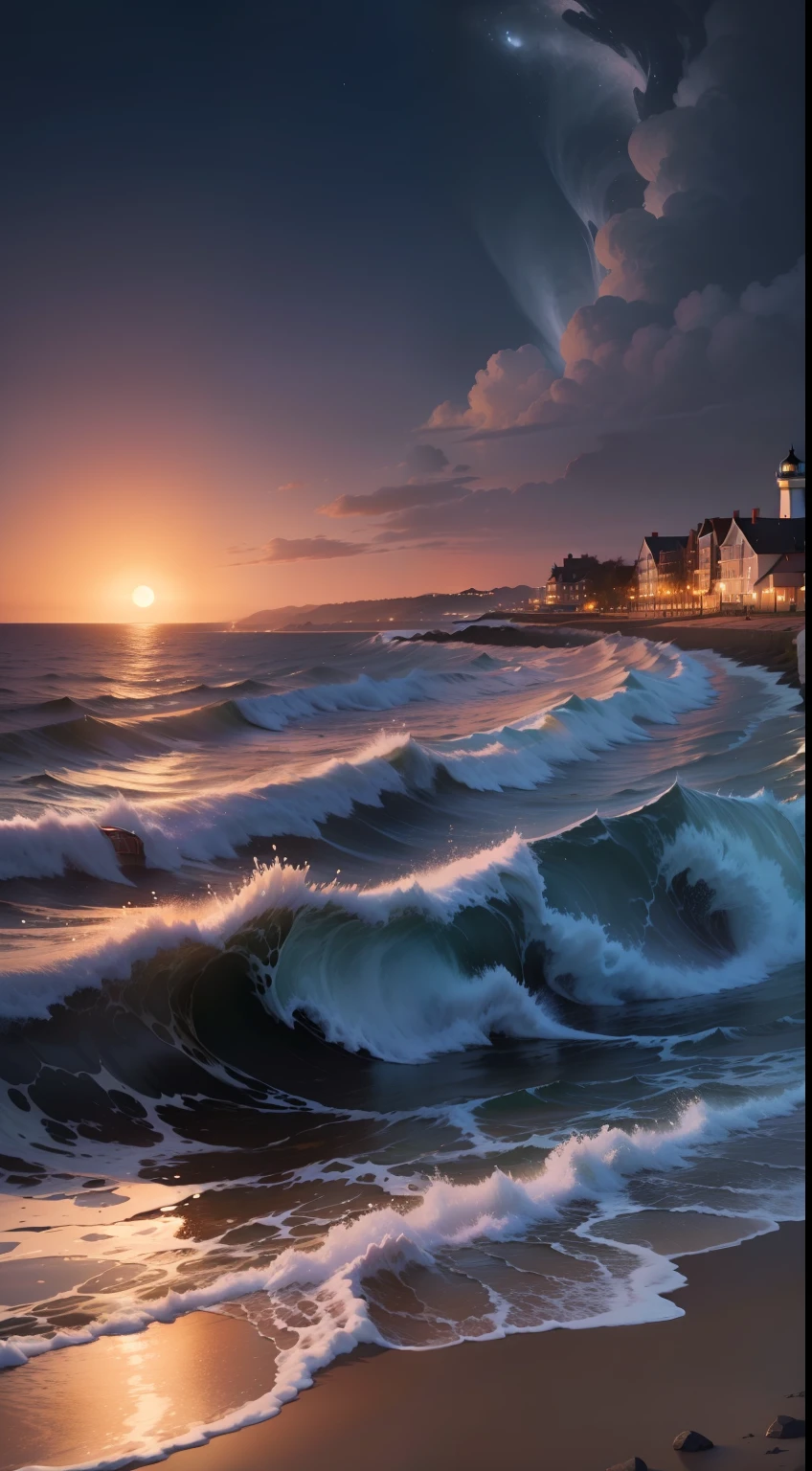 ((masterpiece)), ((best quality)), 8k, high detailed, ultra-detailed,
In a seaside night scene, waves crash against the shore, creating a rhythmic melody. The moonlight reflects upon the surface of the sea, forming a sparkling and shimmering spectacle. In the distance, a lighthouse projects its guiding light, illuminating the path for passing ships. On the beach, the crackling sound of a bonfire blends with the laughter of people, creating an atmosphere of warmth and relaxation. The combination of the soothing sound of the waves, the mesmerizing moonlit sea, the guiding light of the lighthouse, and the joyful ambiance of people enjoying themselves by the bonfire, evokes a sense of tranquility and serenity.