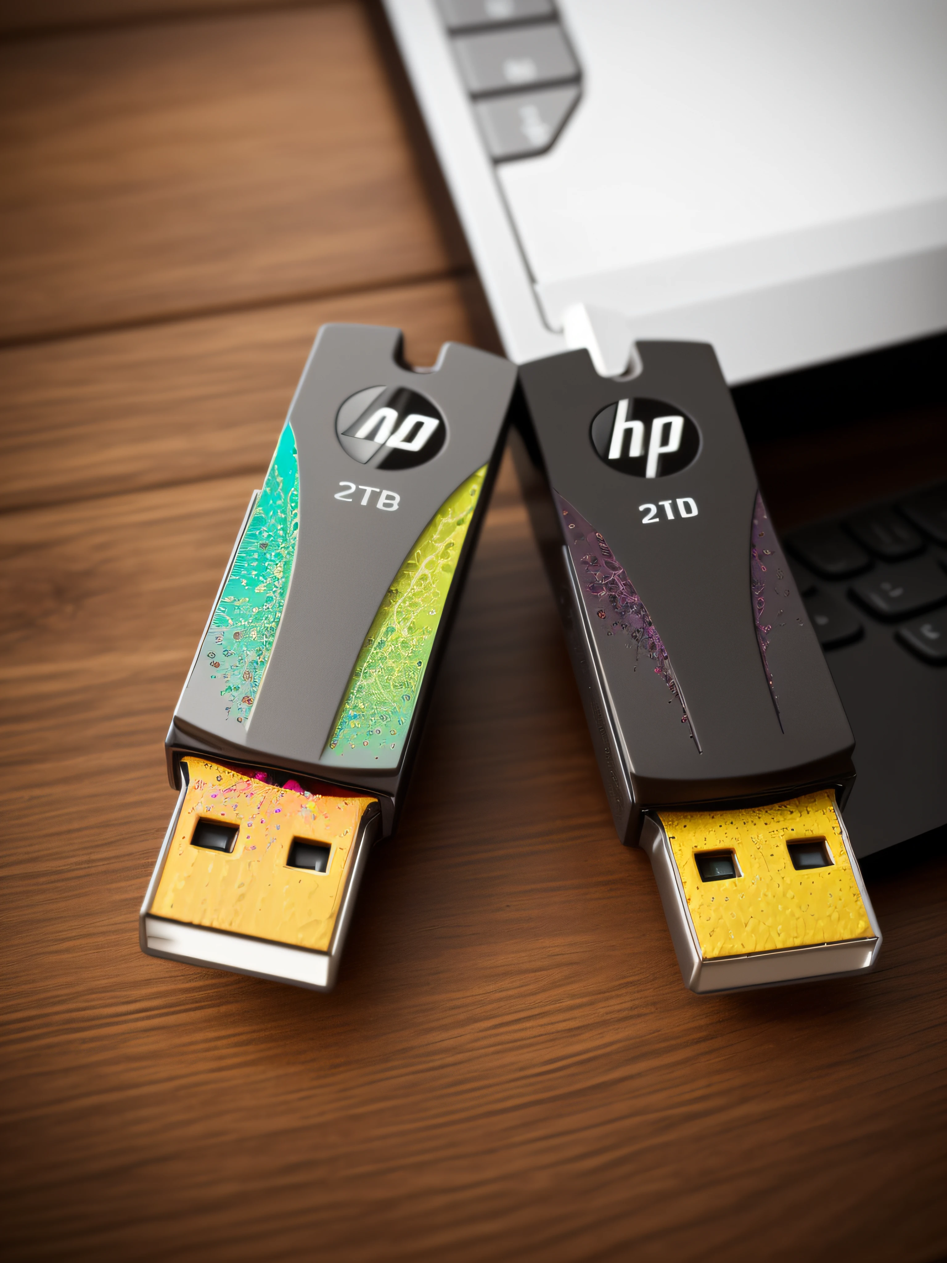 A USB stick rests on the smooth-textured wooden office desk in a computer room. The picture is clear (Sharp: 0.7) and displays a colorful explosion of psychedelic paints (cores: 1.21), with incredible detail. Na mesa, Accessories include the Nikon D850 with Kodak Portra 400 photo film and f1 lenses.6, garantindo cores ricas e textura realista. Lighting is dramatic, and all around are the computer, rato, teclado e cabo USB.