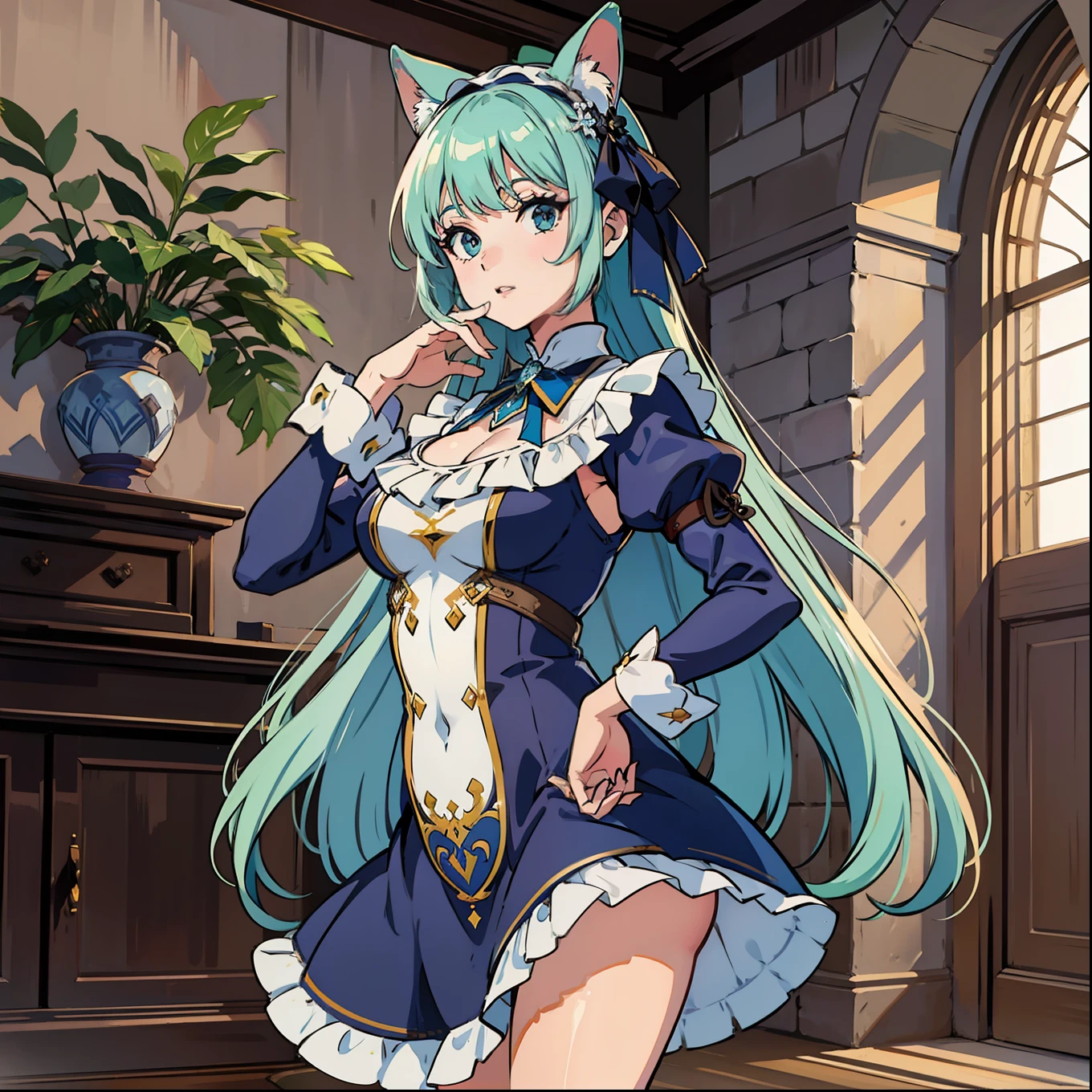 garota 18 anos cabelo azul escuro, garota sexy, armadura branca, vestido branco marcando a bunda, bunda marcada, castelo medieval, anime traits, 8k, parede de pedra ao fundo, peito pequeno, armadura branca, armadura magica, ta, loliroto orelha de raposa
