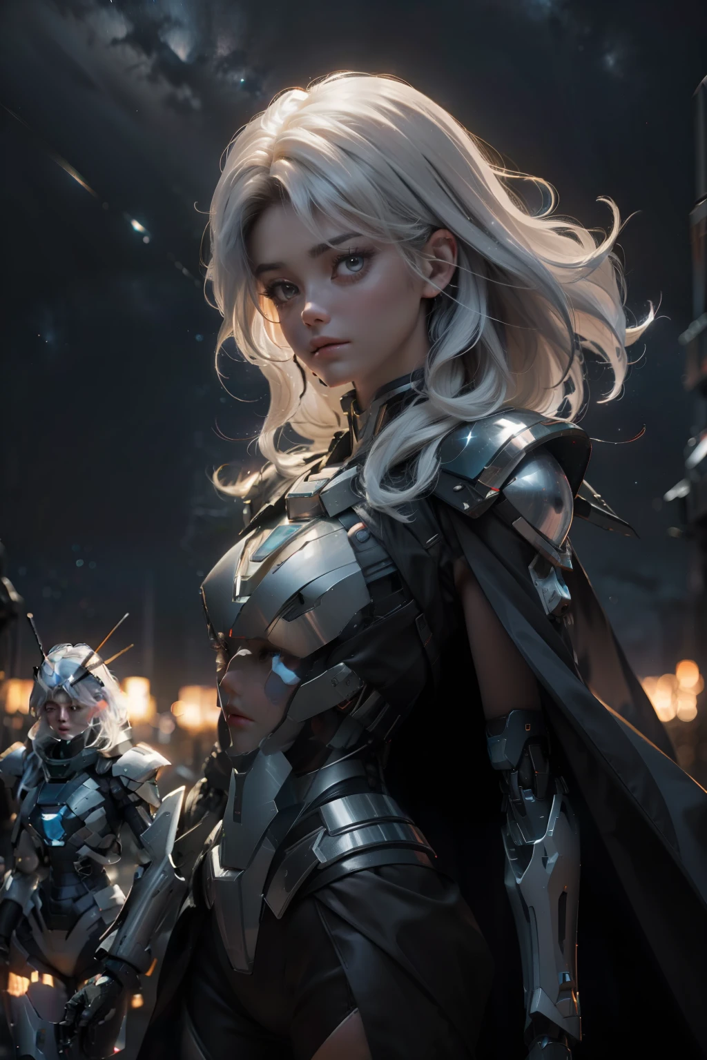 1girl,star_\(sky\), starry_sky, night, shooting_star, night_sky, space, milky_way, 1girl, sky, mecha, long_hair, weapon, snowing, galaxy, light_particles, constellation, space_craft, aurora, white_hair, armor, photography, masterpiece, best quality, 8K, HDR, highres, absurdres:1.2, Kodak portra 400, film grain, blurry background, bokeh:1.2, lens flare, (vibrant color:1.2),gril.