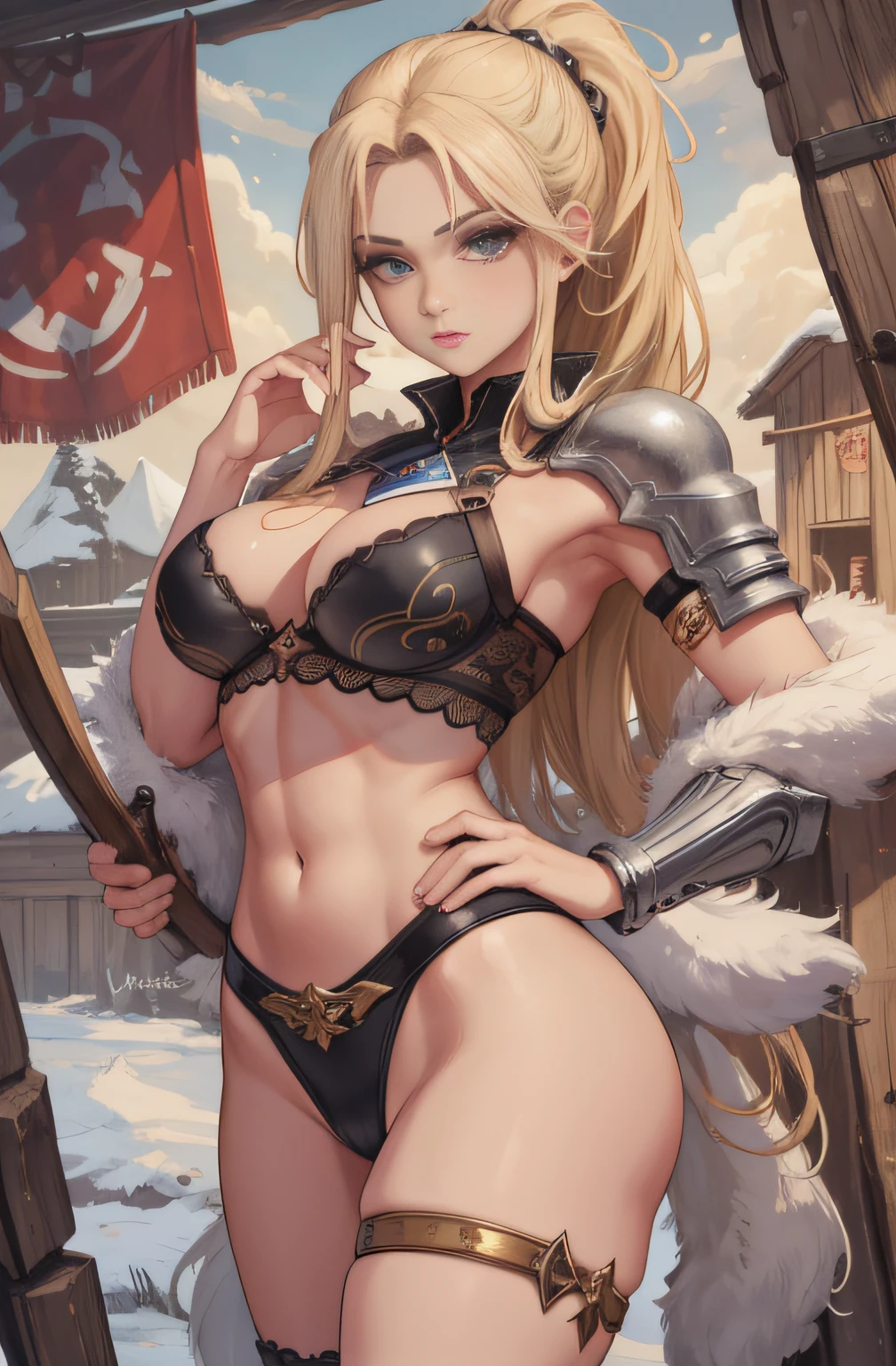 ((Artgerm)), Linda mulher de corpo inteiro, 30 anos, corpo musculoso e perfeito, blonde hair with braids and little clothing, Tiny floss, metal bra, capa pelo, seios grandes, decote generoso, segurando uma espada nas costas, Face da Brava, Pose sexy, caminhando em uma aldeia viking na neve, cara de raiva, tatuagem, peitos grandes