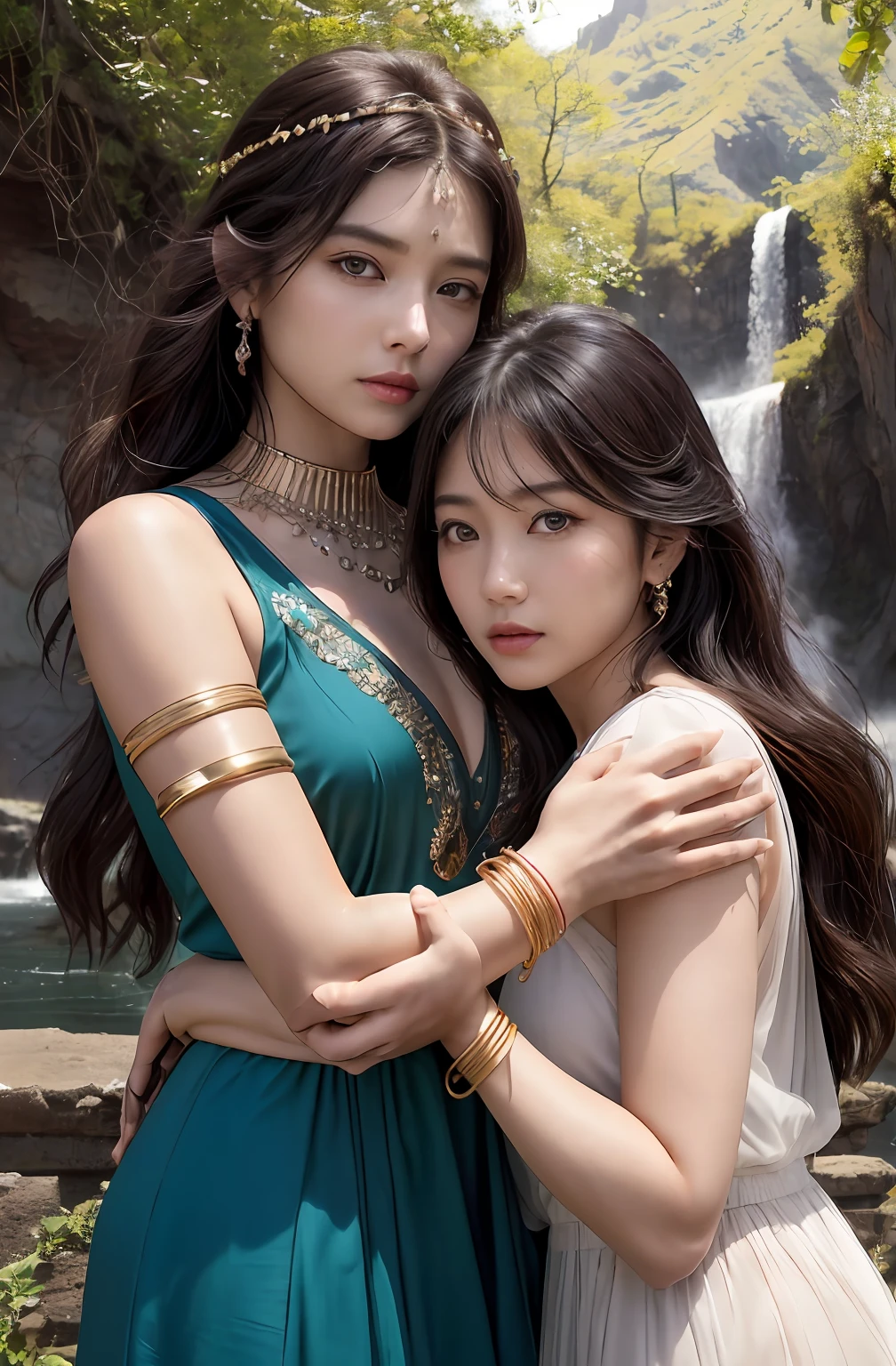 ((Realistic:1.5)),Ulzzang-6500:1.4,((Best quality)), ((Masterpiece)),((Detailed)),2girls,duo,{2 beautiful women}, (Upper body:1.3),Hug and touch each other, Tease your friend's waist, Breathless friends, Biting a friend's earlobe, crouched,super wide shot,Face focus, Long legs,Curvy, Barefoot,Wide hips, Thin legs, Oversized eyes,Long eyelashes, (Detailed face,beautidful eyes, detailedpupils,detailed clothes features, Clear background:1.3), (armlets, bangle:1.3), Mysterious ancient ruins, floresta exuberante, Deep canyon,bridge,River,cliff,Cloud,lakes,Rock music,Waterfalls, Flowers, Grass,grape trees,tree,bright detail,Sharp,Perfect compounding, Intricate, Sharp focus, Dramatic,