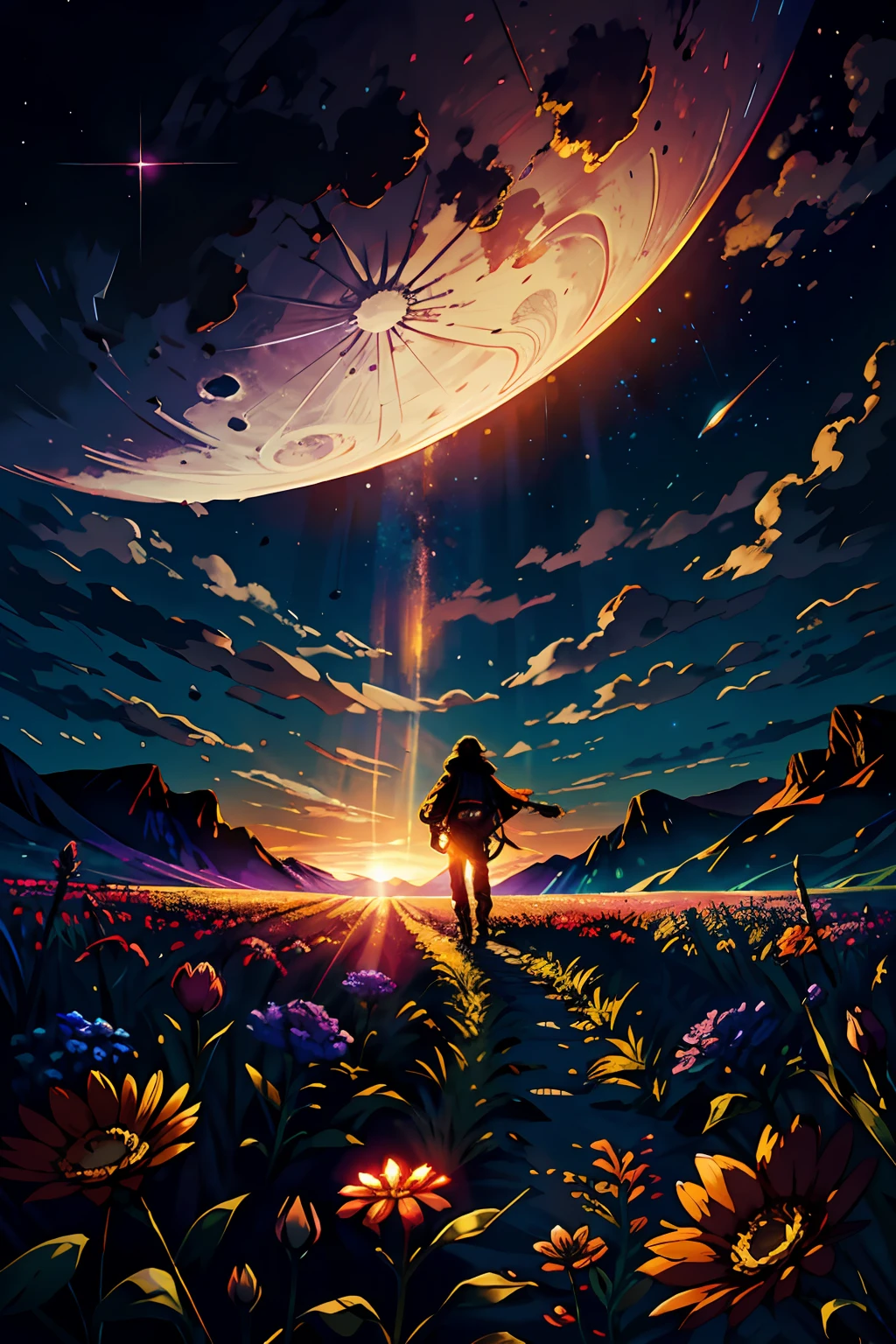 A wide landscape photo, (viewed from below, the sky is above, and the open field is below), a girl standing on a flower field looking up, (full moon: 1.2), (meteor: 0.9), (nebula: 1.3), distant mountains , Trees BREAK Crafting Art, (Warm Light: 1.2), (Firefly: 1.2), Lights, Lots of Purple and Orange, Intricate Details, Volumetric Lighting BREAK (Masterpiece: 1.2), (Best Quality), 4k, Ultra Detailed, (Dynamic Composition: 1.4), Rich in Detail and Color, (Rainbow Color: 1.2), (Glow, Atmospheric Lighting), Dreamy, Magical, (Solo: 1.2)